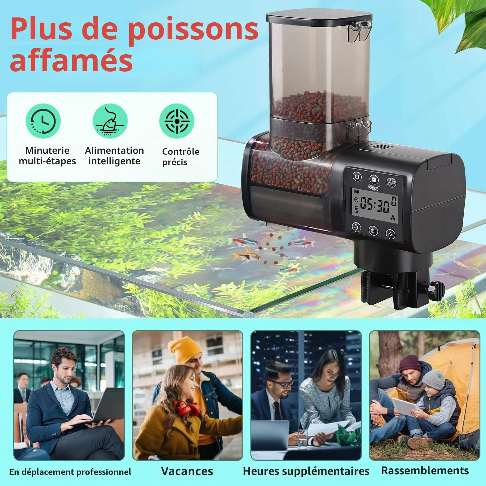 Distributeur Automatique Poisson hygger 500ml Mangeoire Aquarium LCD Koi Fish Feeder