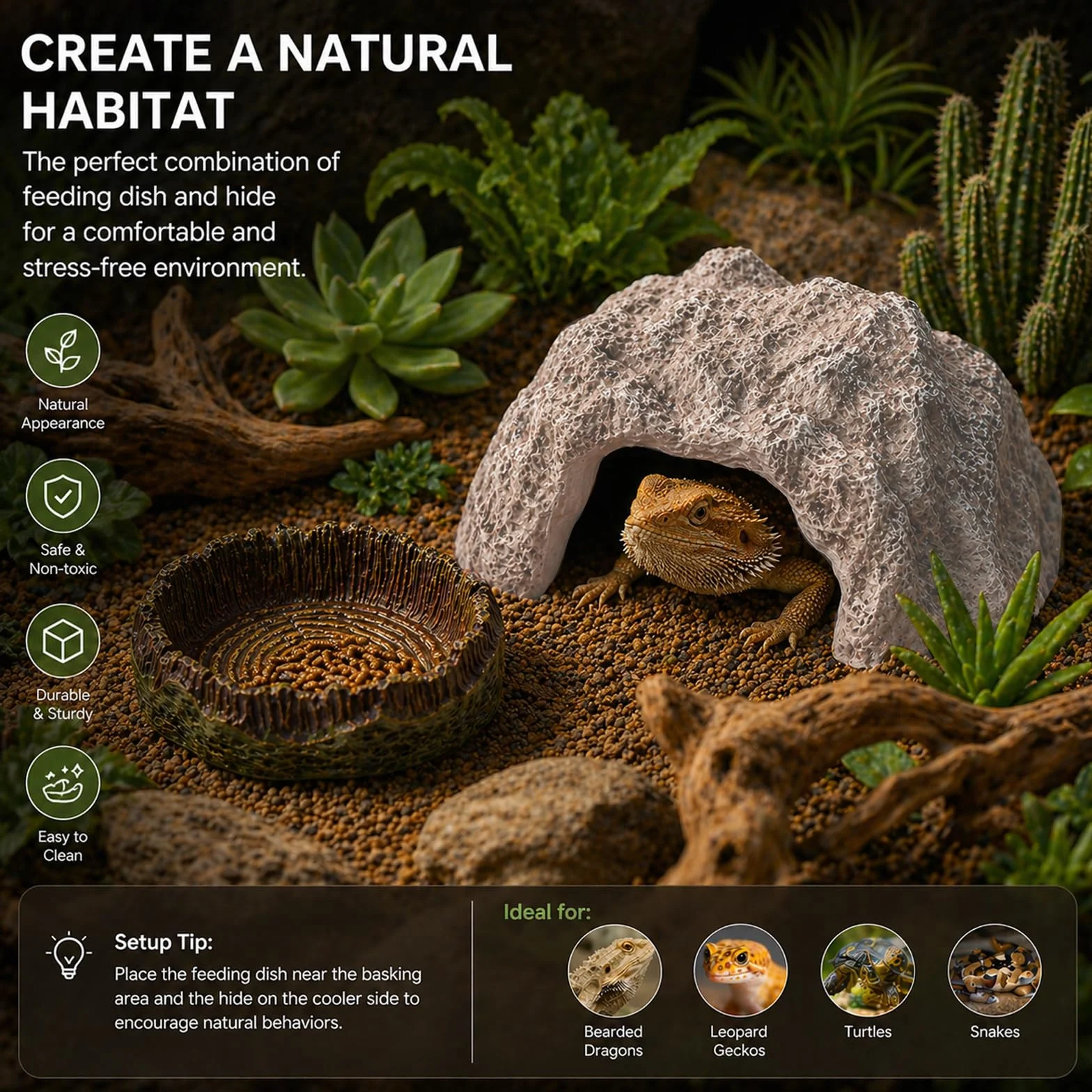 Cachette de Roche Reptiles avec Gamelle Grotte pour Tortue Terrestre Terrarium Décoration pour Petits Lézards Tortues