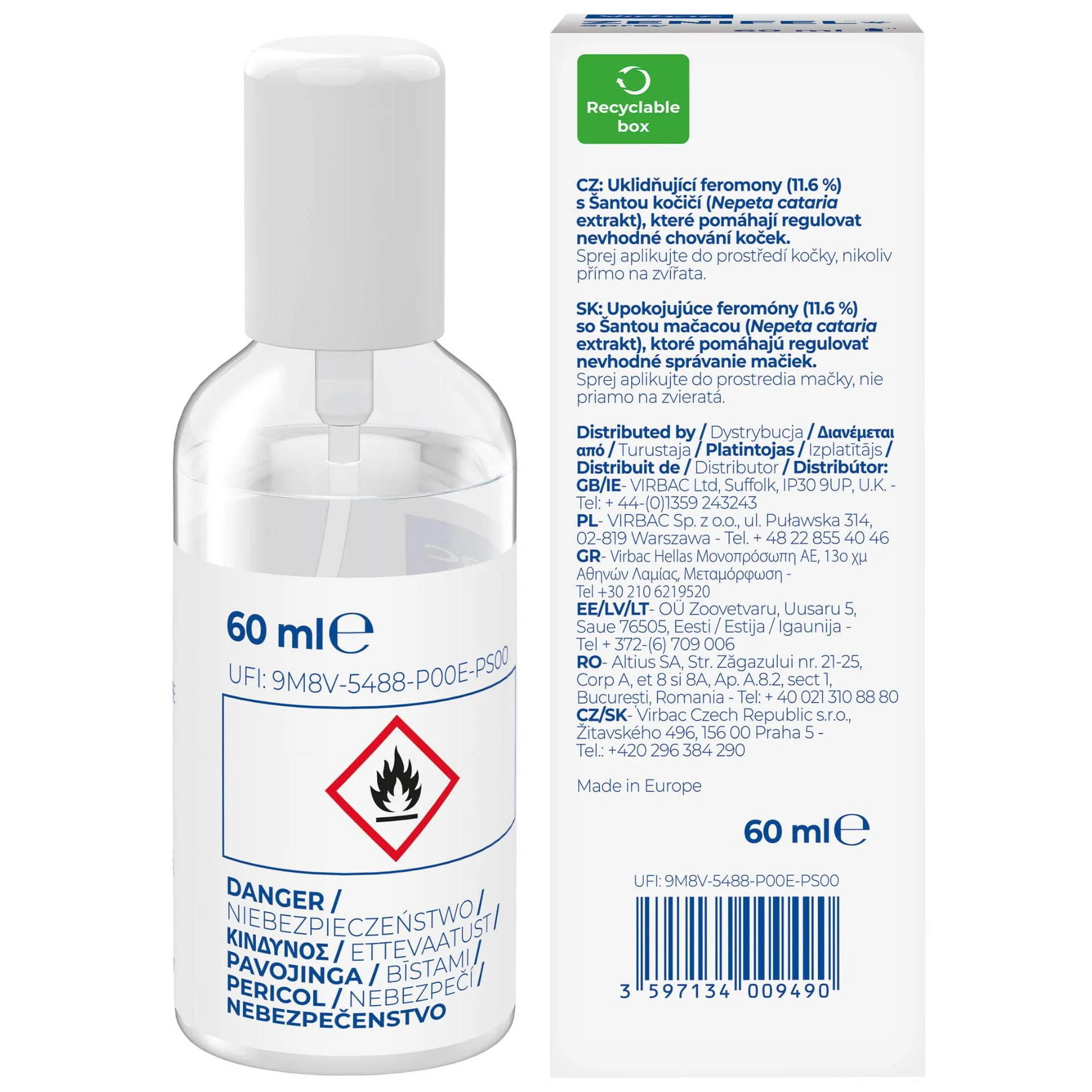 Virbac Zenifel Spray Apaisant Chat 60ml - Spray à Base de Phéromones Apaisantes et Herbe à Chat