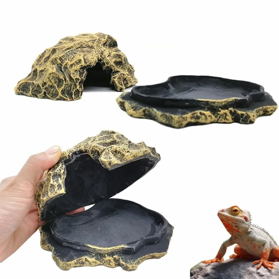 Cachette pour reptile en résine avec bac à nourriture - OMEM, abri pour gecko lézard serpent grenouille araignée (marron)