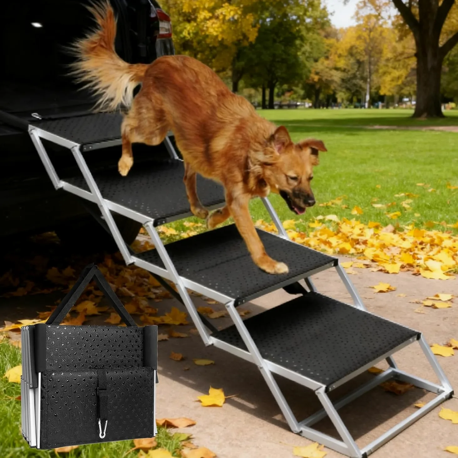 Rampe pour chien à 4 marches réglables en hauteur, marches pliables pour voiture avec surface antidérapante, rampe légère pour chiens de petite et grande taille, supporte 80 kg