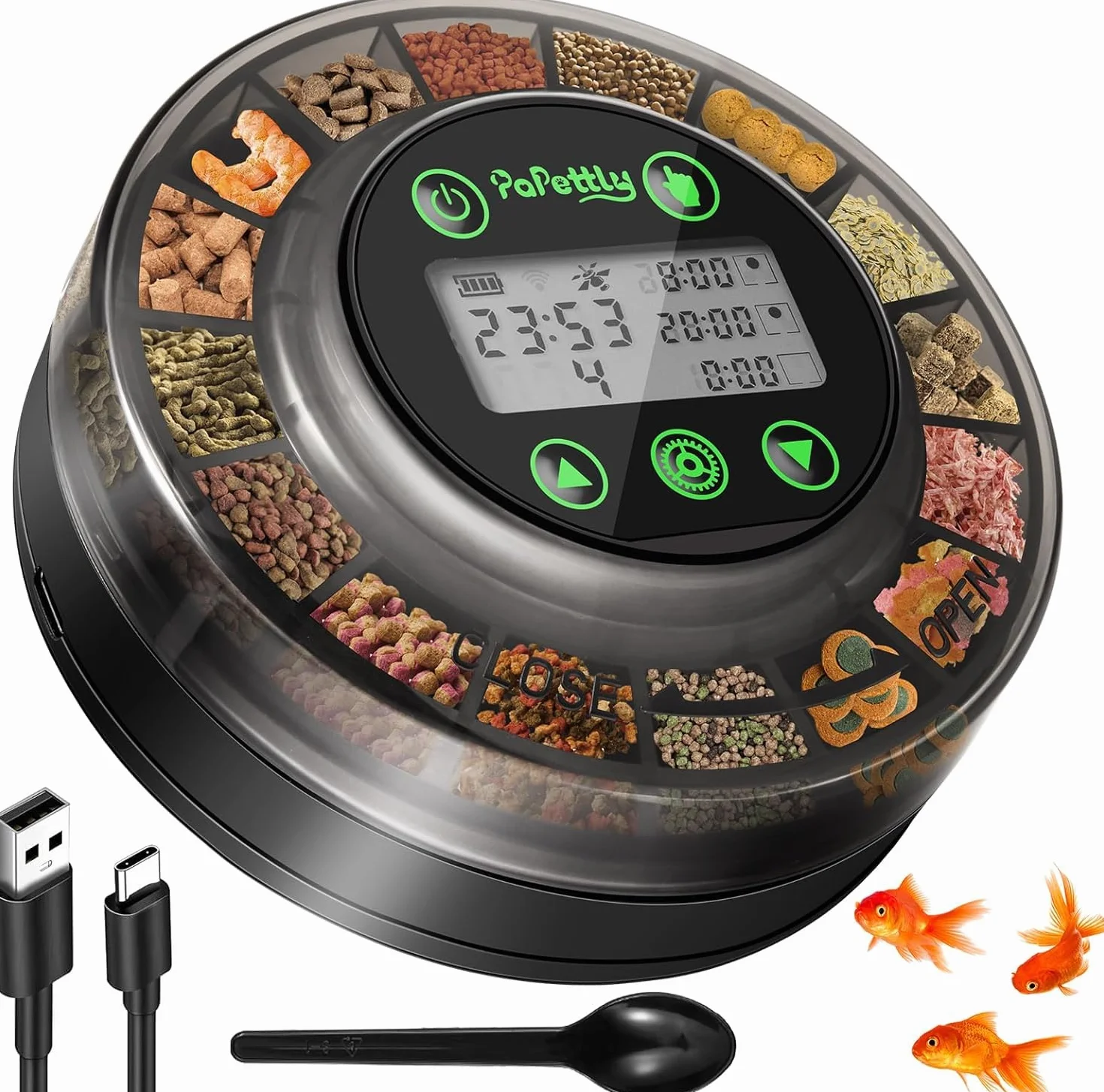 Papettly Automatique Distributeur Nourriture Poisson Aquarium avec Minuterie USB & Ecran LCD