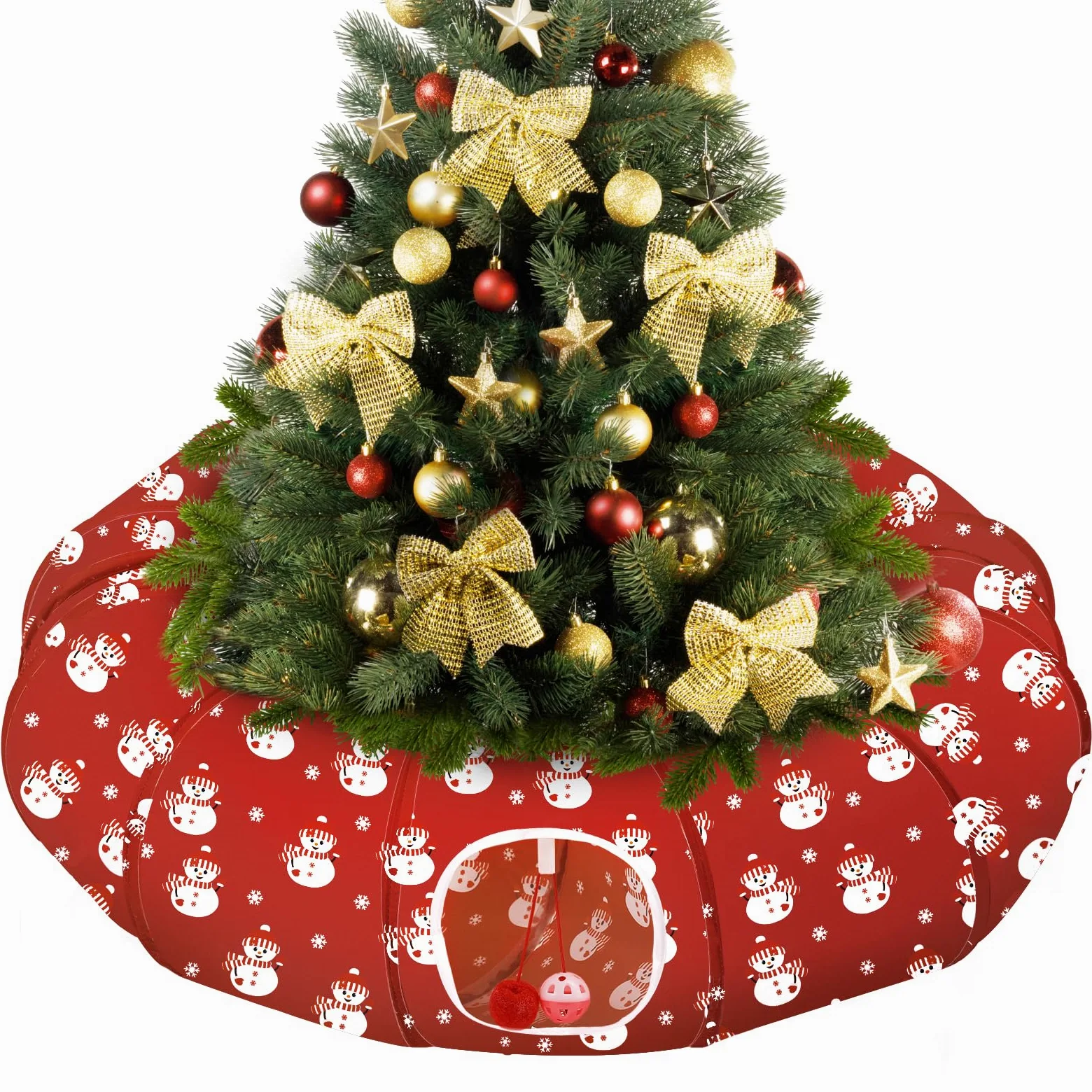 Pawaboo Lit Tunnel Noël Chat 35,4", Bonhomme Neige | Tunnel avec tapis, balles en peluche et grelots pour jouer, se cacher et se reposer.