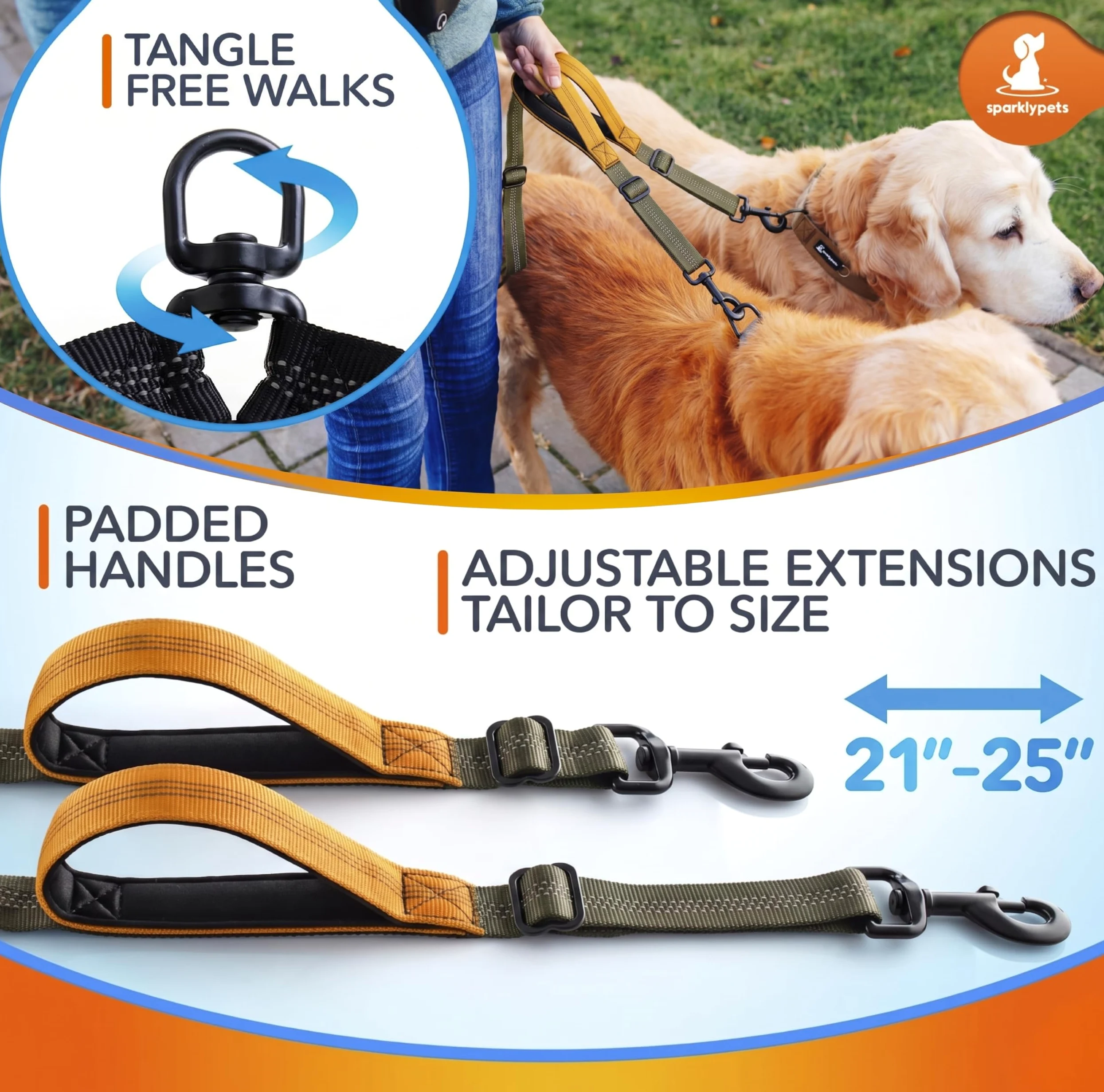 SparklyPets Double Bungee Waist 2 Laisse pour chien avec attelle dorsale – Double laisse pour chiens de taille moyenne/grande – Sac banane de course avec poches pour téléphone, déchets, friandises et