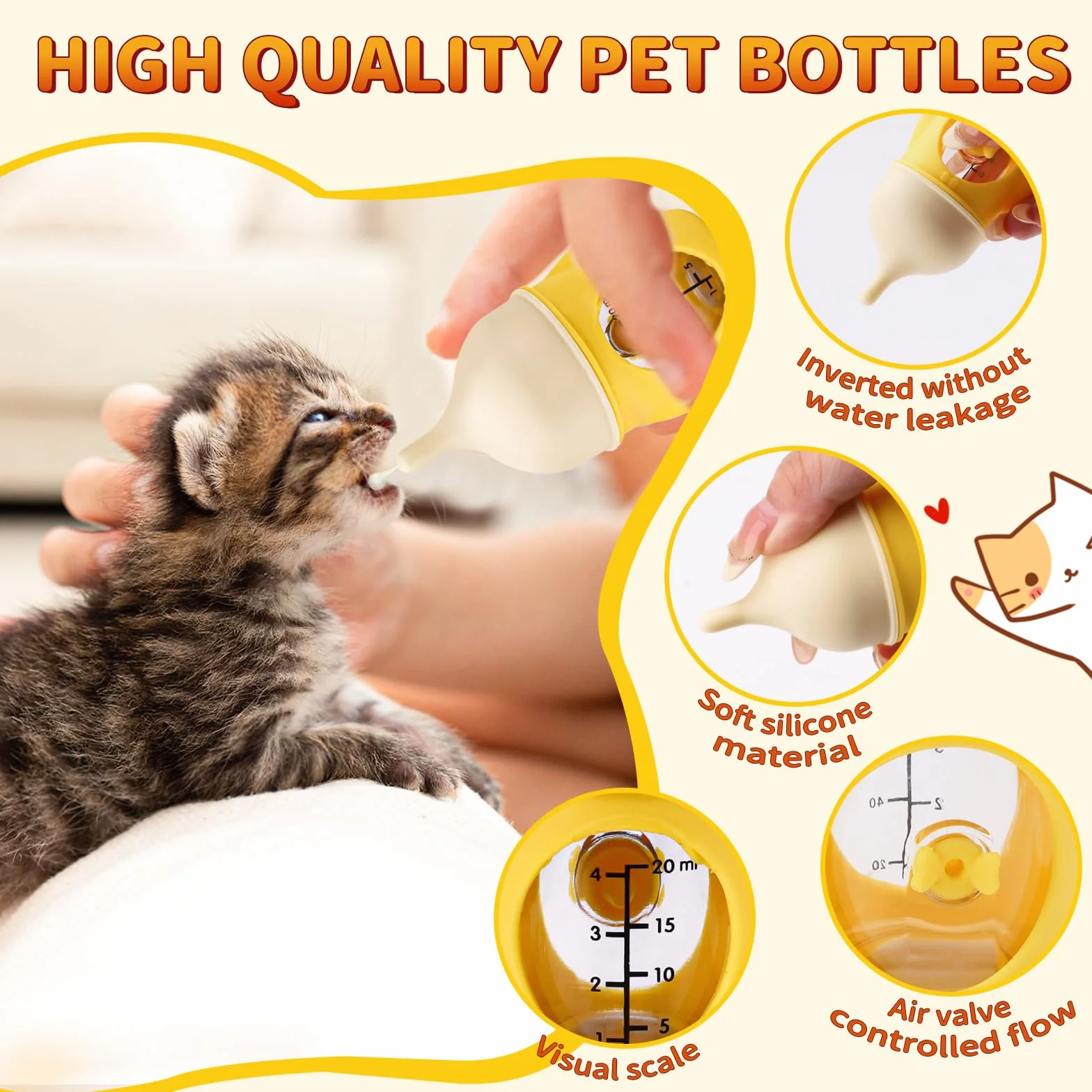 Kit d'alimentation pour chaton en silicone anti-étouffement 20 ml jaune