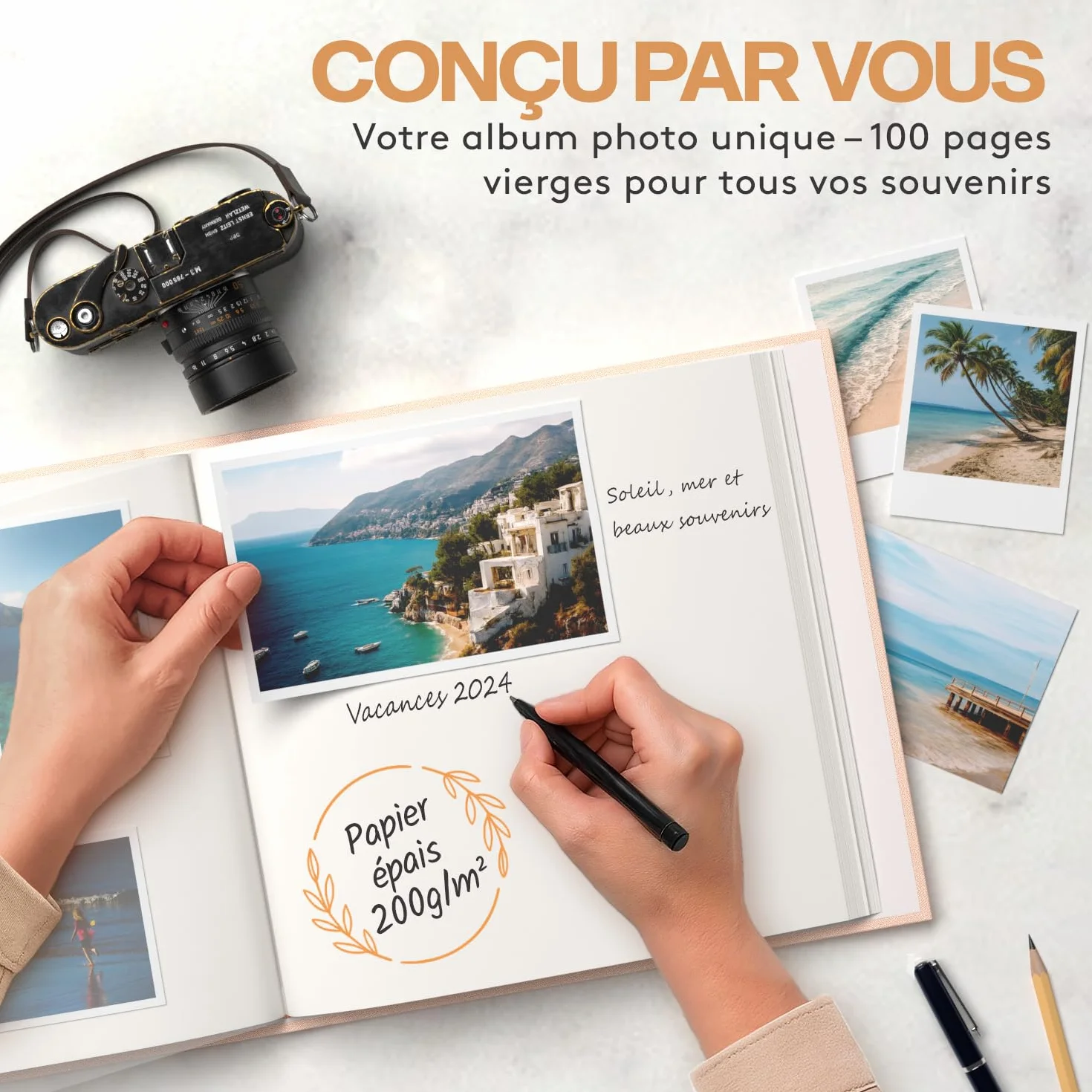 ACROPAQ Album photo scrapbooking 100 pages 600 photos 9x13 cm 10x15 cm 13x18 cm Livre photo Housse en lin Beige
