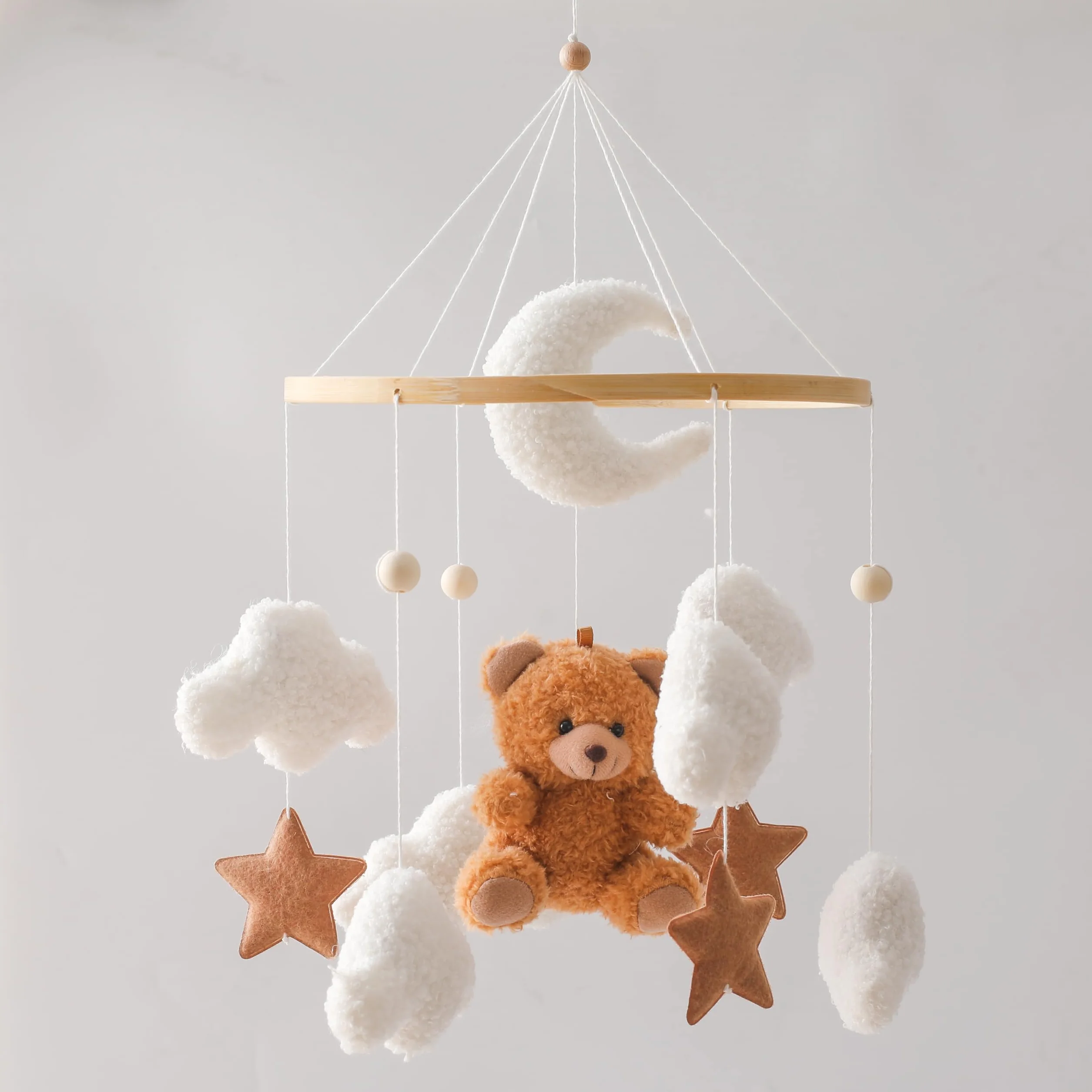 Mobile Bébé Lit Support Bois Table à langer Boîte à musique Nuages Blancs Lune Ours Brun Pendentif