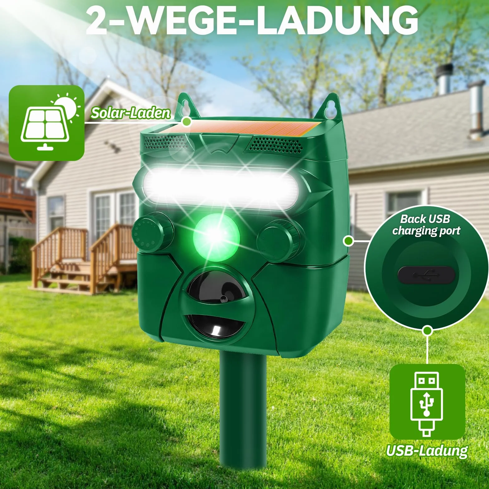 Répulsif pour Animaux à Ultrasons Solaire Extérieur avec Capteur, Charge USB pour Chat Chien Jardin