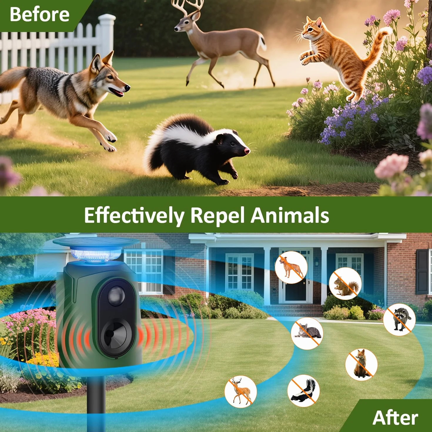 Repulsif Chat Exterieur Solaire Jkevow 360° Ultrason avec Détecteur Flash 5 Modes pour Chats Chiens Souris