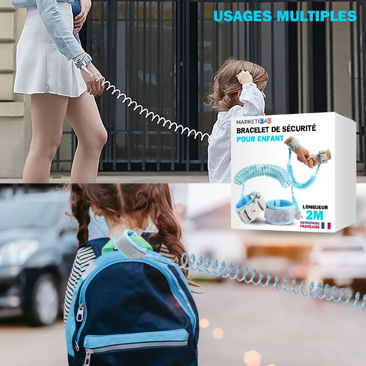 Bracelet Enfant Sécurité BLEU 2m - Laisse Enfant Poignet, Harnais Poussette
