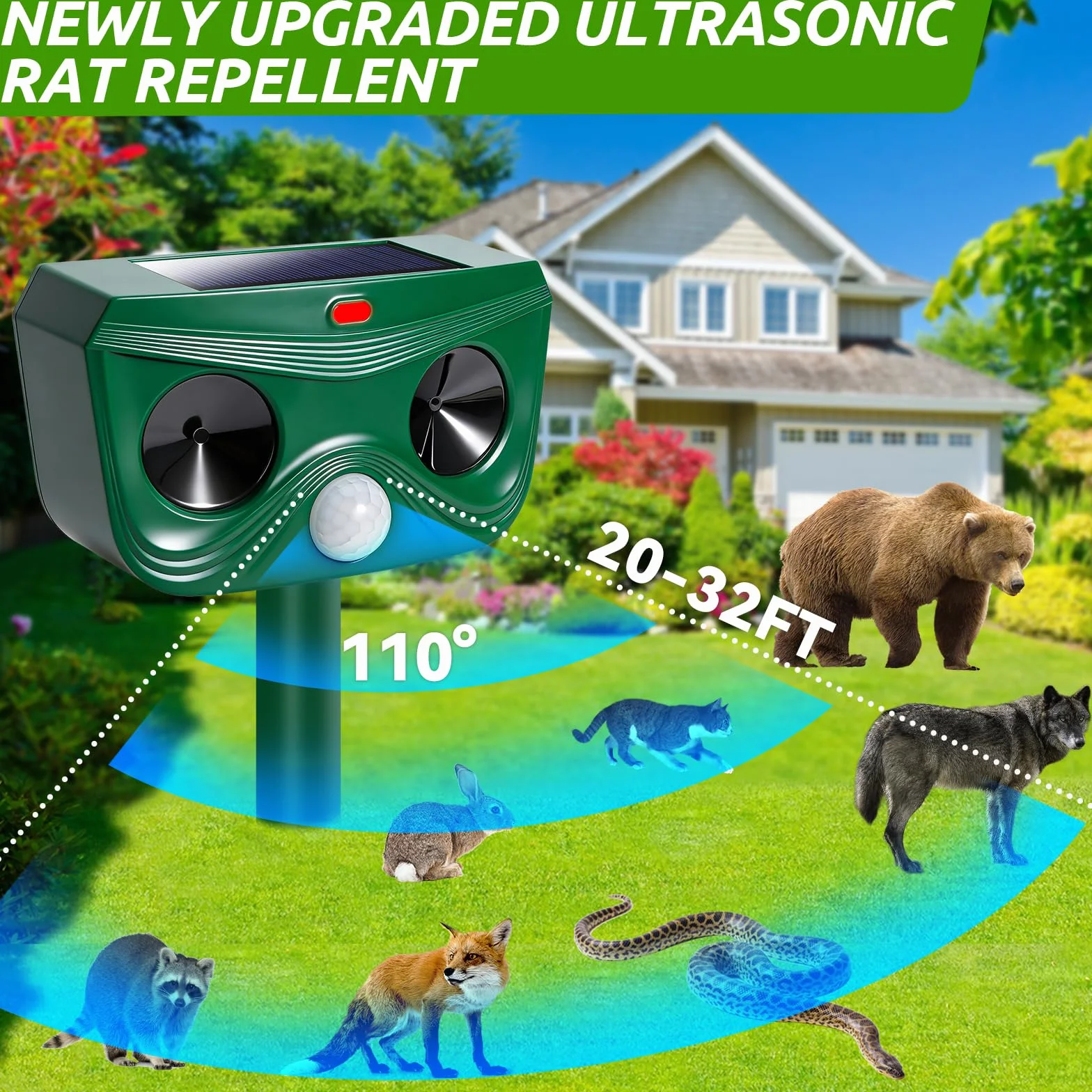 Répulsif Chat Ultrason Solaire avec Détecteur de Mouvement Anti Chats Chiens Rongeurs