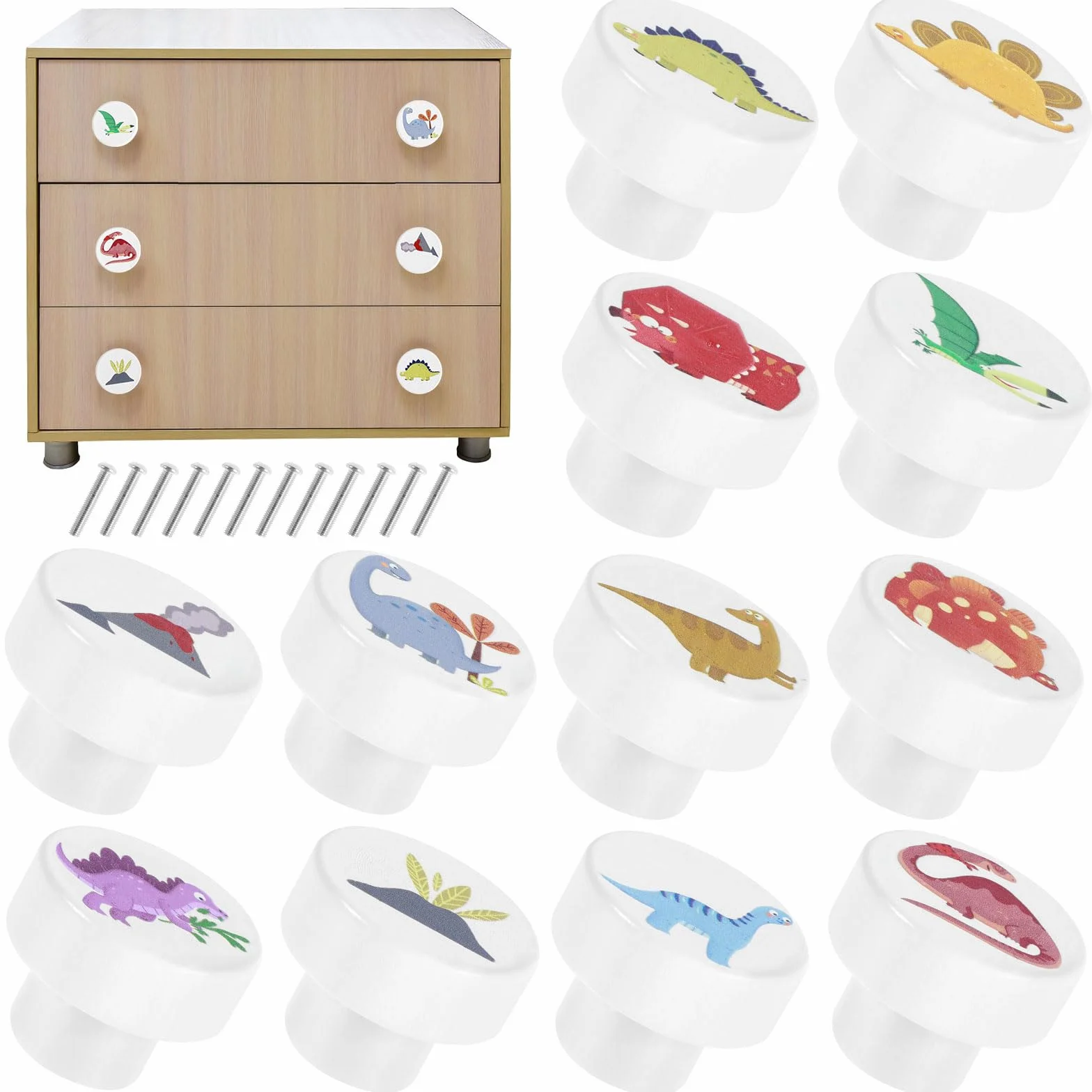 Lot de 12 boutons d'armoire en bois 35 mm motif dinosaure poignées décoratives pour meubles chambre enfant