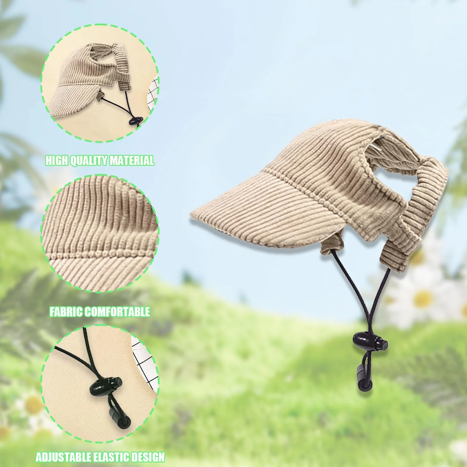 Casquette de baseball chien réglable protection solaire trous oreilles kaki taille XS