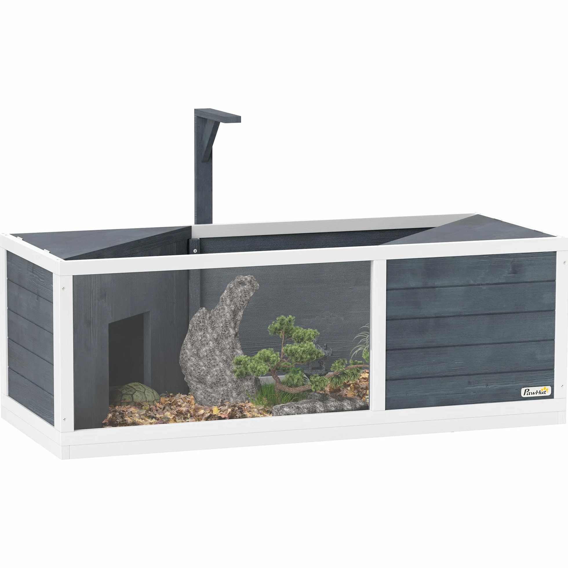 PawHut Maison pour Tortues XL 120 cm Terrarium Tortue terrestre en Bois 2 niches Toit ouvrant Aire de Jeu Ouverte enclos Support Lampe fenêtre panoramique Gris
