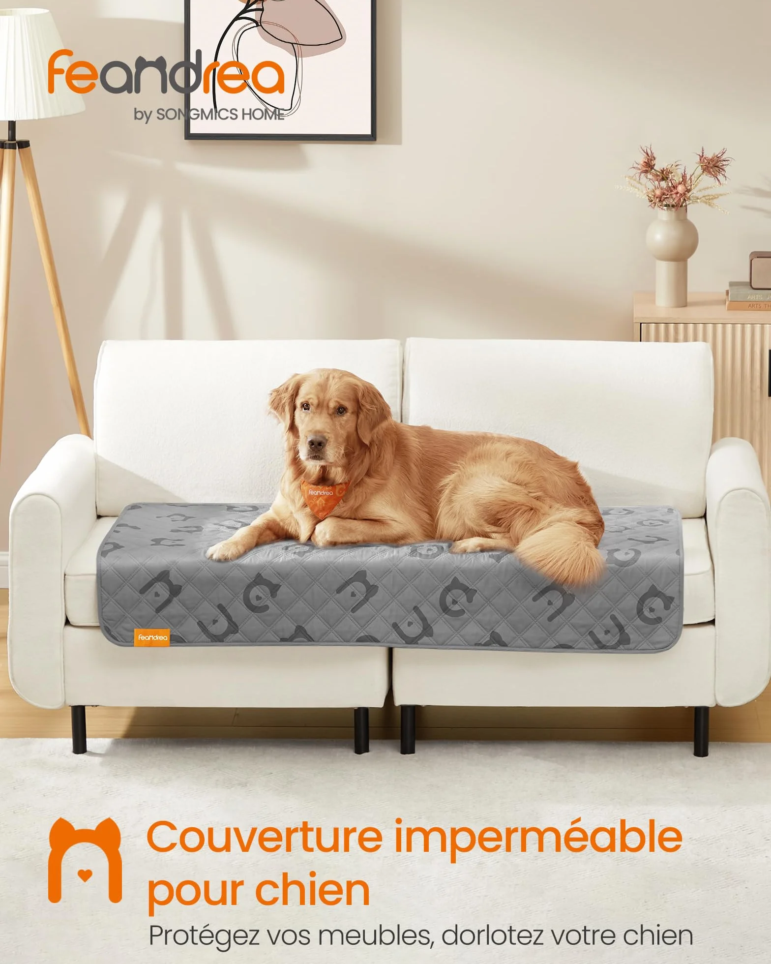Feandrea Couverture Chien Imperméable 135 x 76 cm Housse Protection Canapé Antidérapant Matelassé Gris Tourterelle