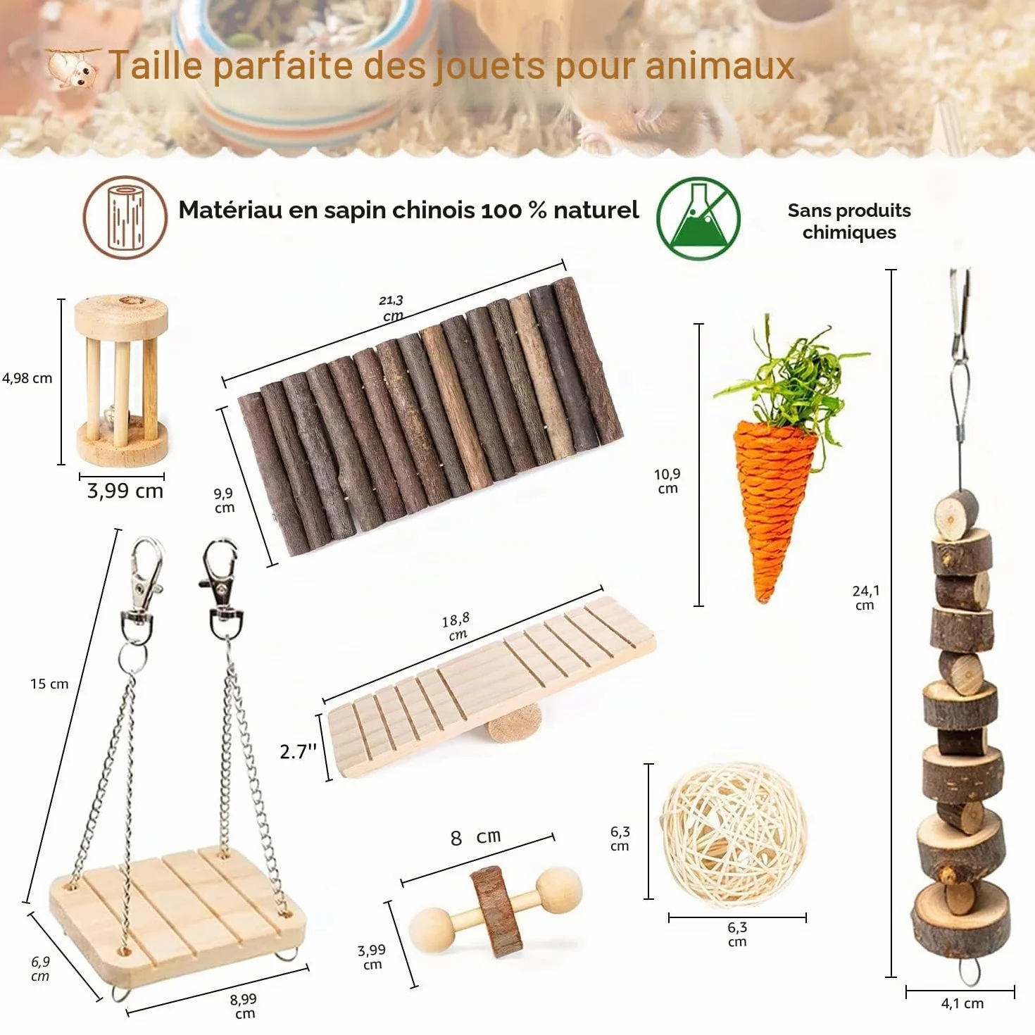 Jouets Cochon d'Inde à mâcher Naturel, Jouet pour Lapin, Hamster, Petits Animaux, Jouets molaires, Soins des Dents, Accessoires en Bois pour rongeurs, Jouet balançoire et Pont à Bascule