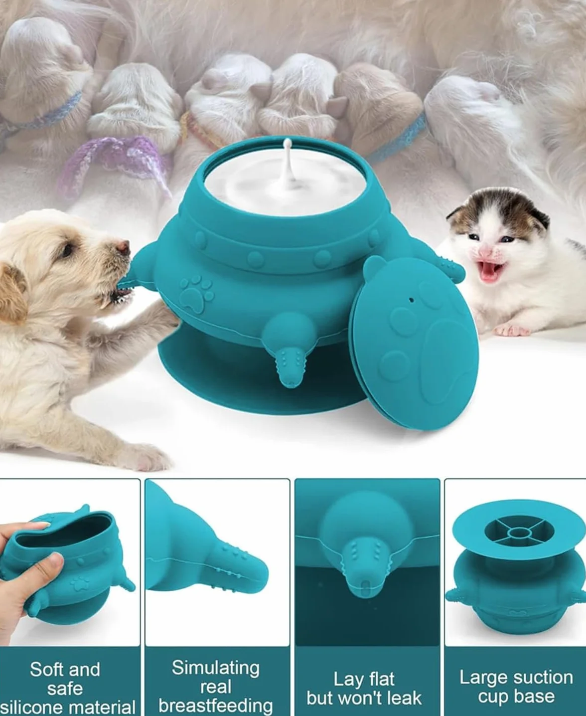 Station d'alimentation à lait pour chiots et chats avec 4 tétons - Silicone auto-nourrissante