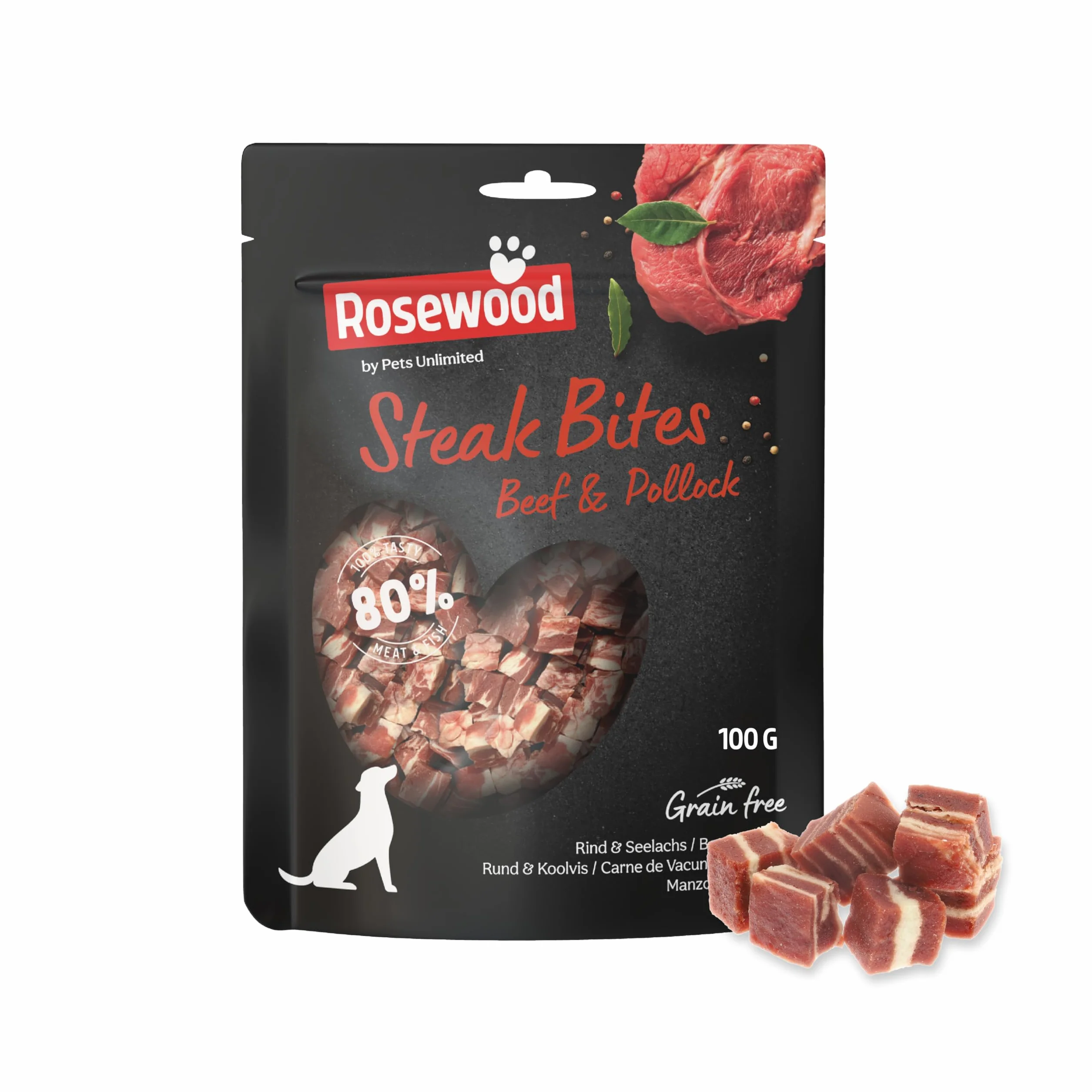 Rosewood Steak Bites Bœuf & Colin Friandise Tendre pour Chien Riche en Viande et Poisson sans céréales 100 g