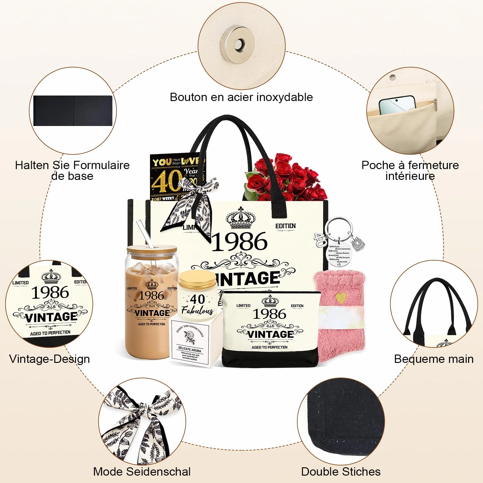 Coffret cadeau anniversaire personnalisé pour femme 30 40 50 60 ans vintage 1996 1986 1976 1966