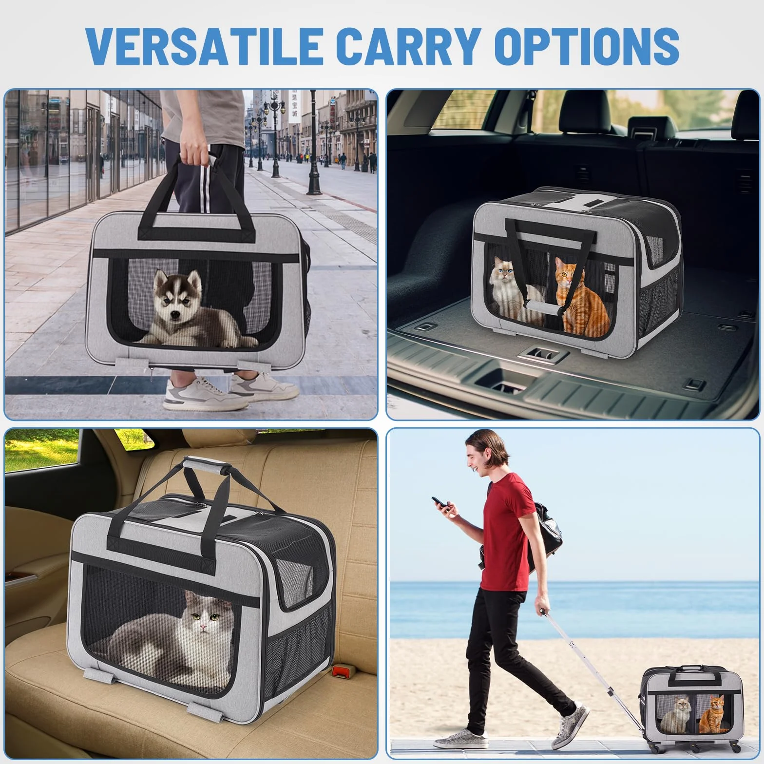 Sac de Transport pour Chats 20kg Double Compartiment Séparateur Amovible Roulettes Poignée Gris XL
