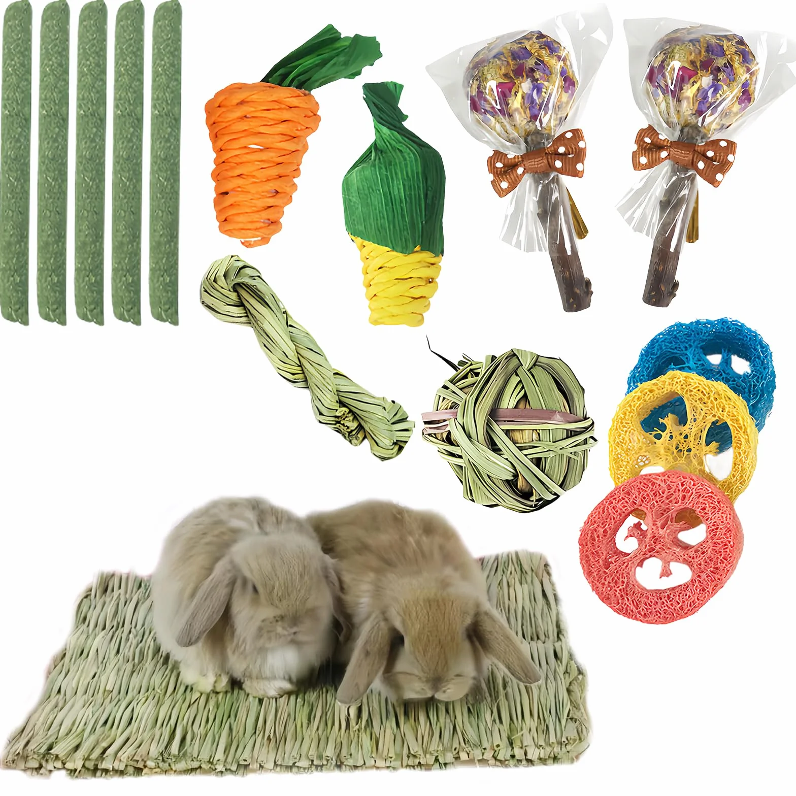 Sporgo Lot de 14 jouets pour lapin avec 2 tapis de paille, jouets d'herbe pour soins dentaires
