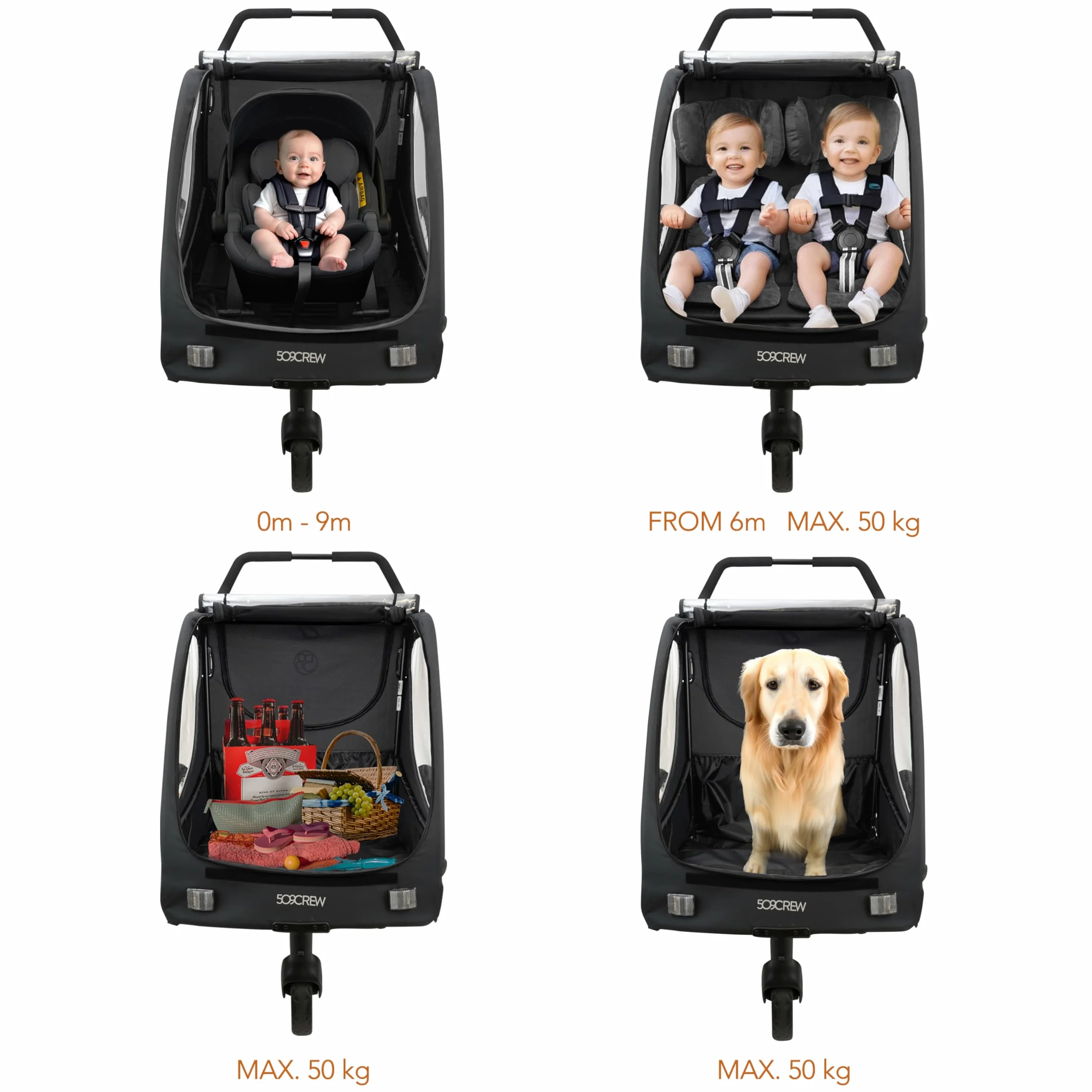 C-ROO Remorque de vélo multi-usage Infant Ride Newborn 50 kg filet anti-moustiques 2 housses siège