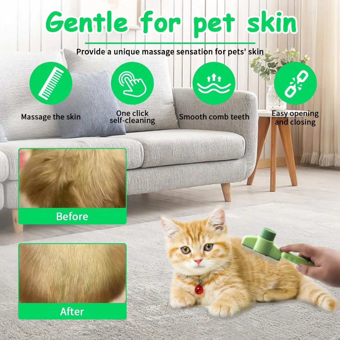 Peigne anti-puces autonettoyant pour chats, brosse de toilettage avec bouton, nettoyage rapide poils errants (vert)