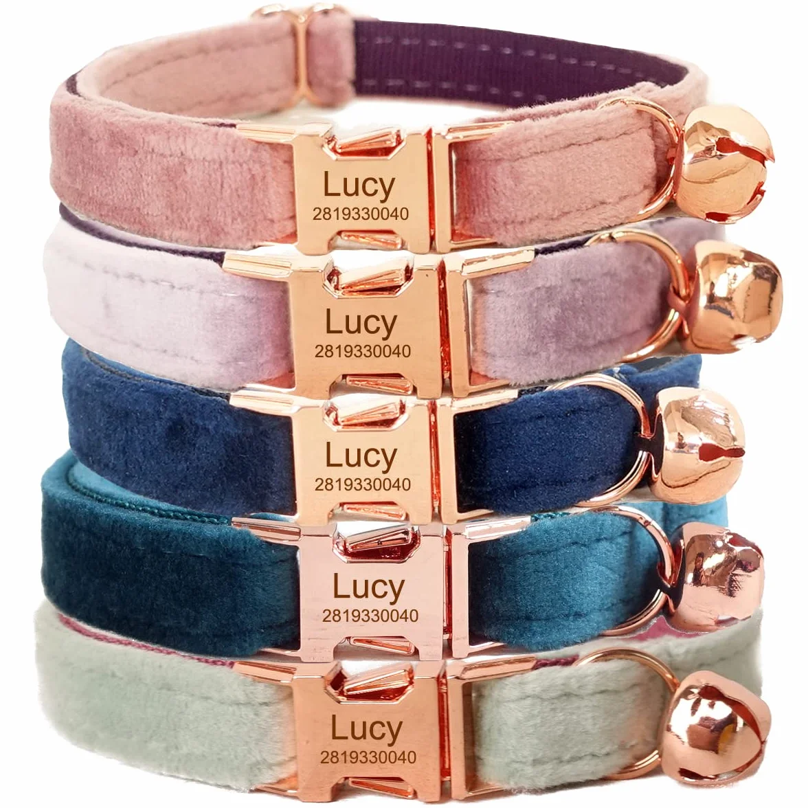 Collier pour chat personnalisé avec étiquette nominative et numéro de téléphone gravés, velours or rose
