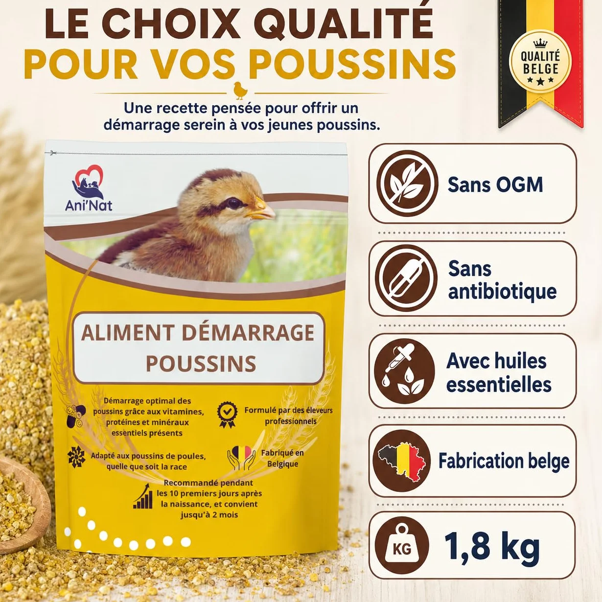 AniNat 1.8kg Aliment démarrage Poussins Nourriture 1er âge vitamines protéines minéraux huiles essentielles Adapté Naissance sans OGM sans Antibiotique