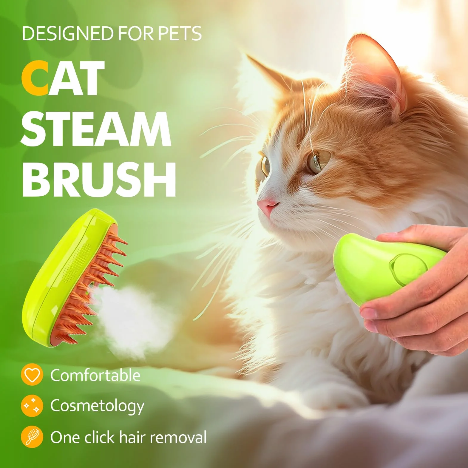 Brosse Chat à Vapeur 3-en-1 Multifonction Vert Démêler Noeuds Poils Lâches