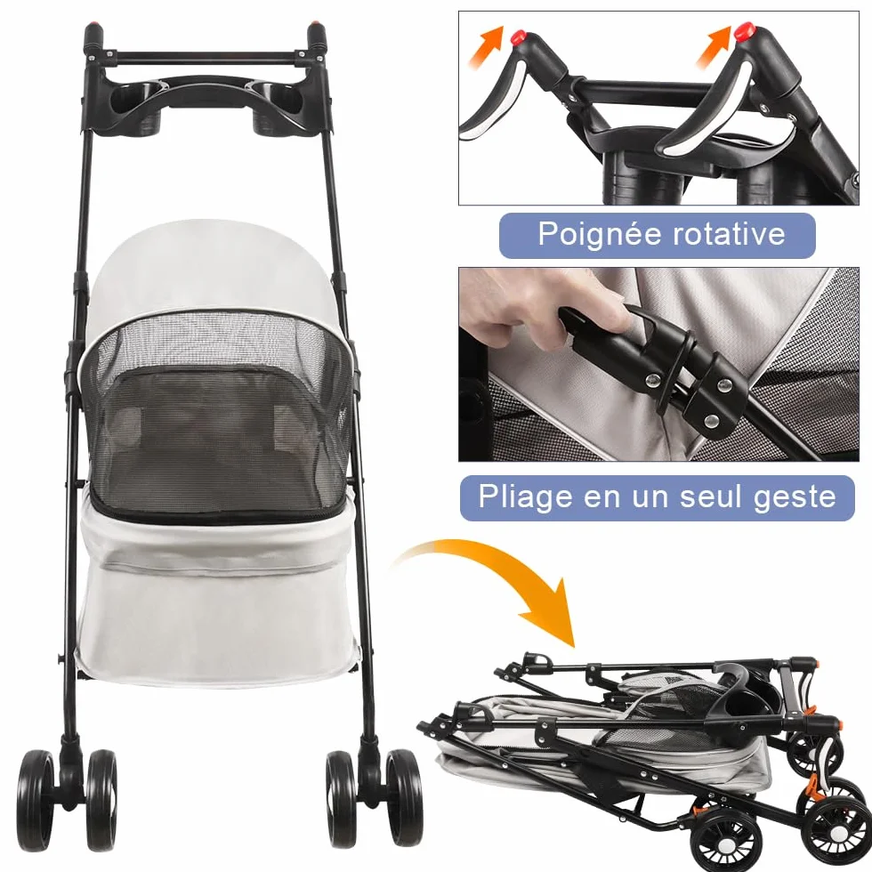 Poussette de voyage pliable pour chiens et chats avec roues, porte-gobelet, auvent réglable, grand panier