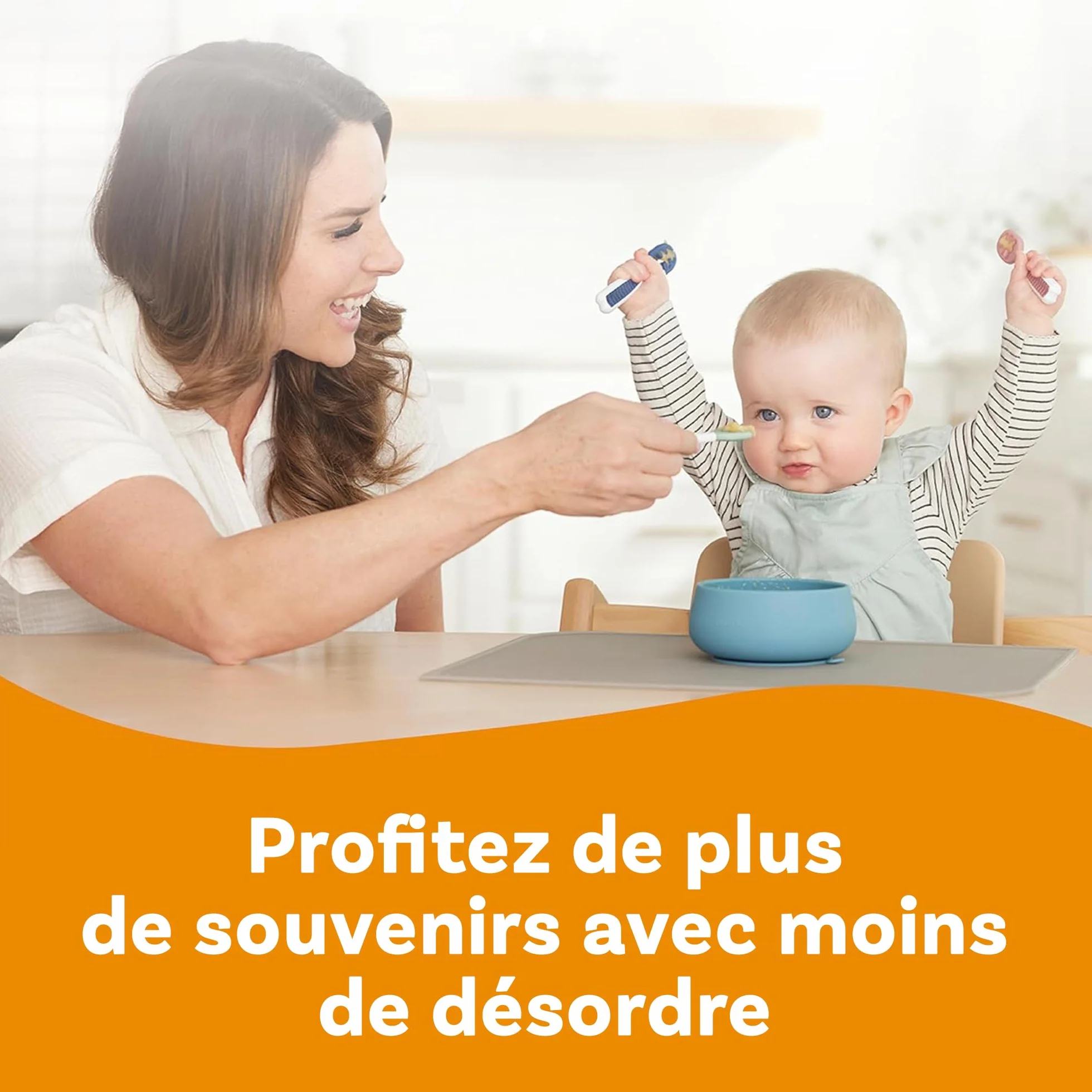 NumNum GOOtensils Cuillère Bébé 1er Âge - Étape 1+2 Silicone - Lot de 2 (Bleu/Orange)