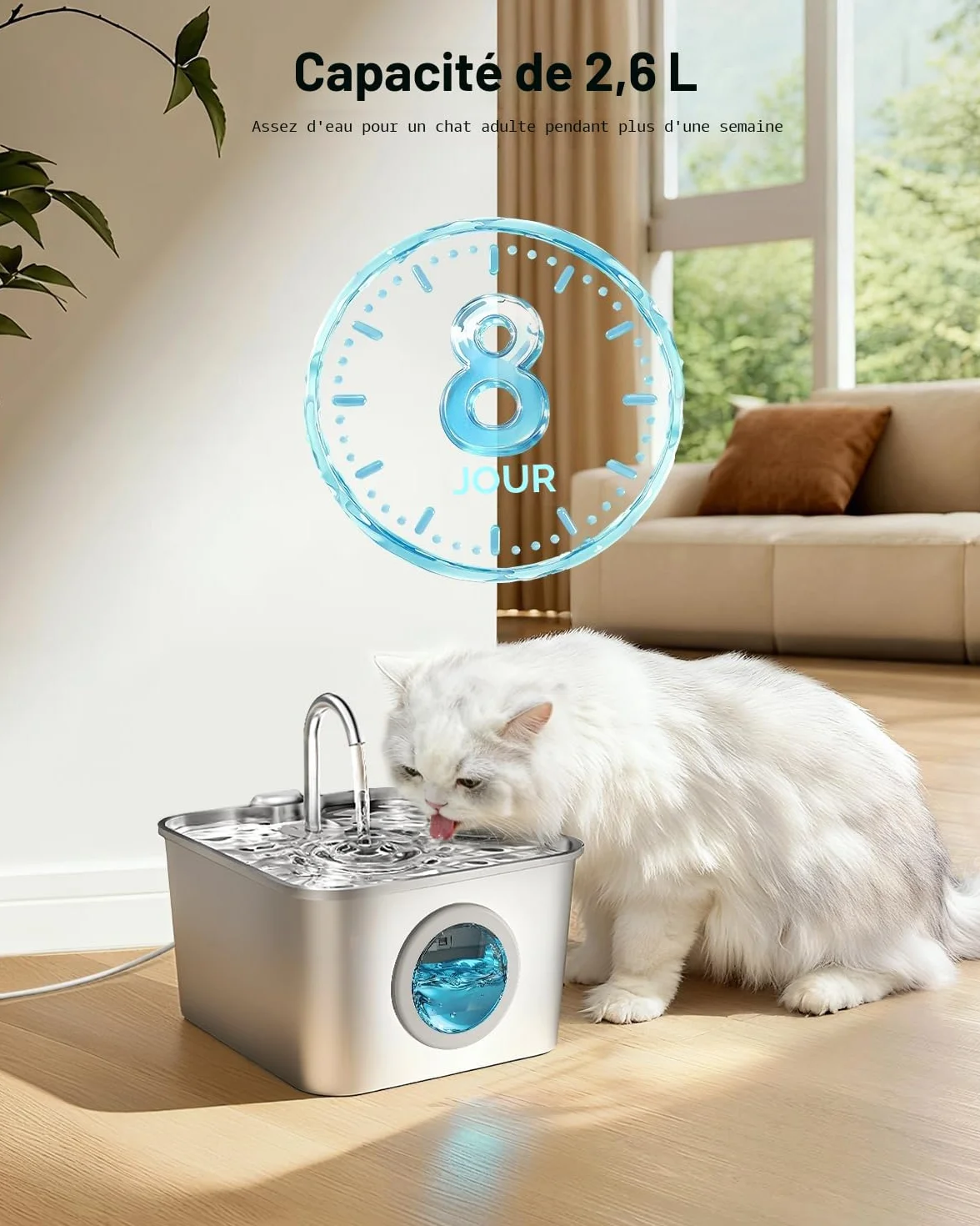 Fontaine à Eau Chat INOX 2,6L Acier Inoxydable Automatique Silencieuse avec Système de Quadruple Filtration