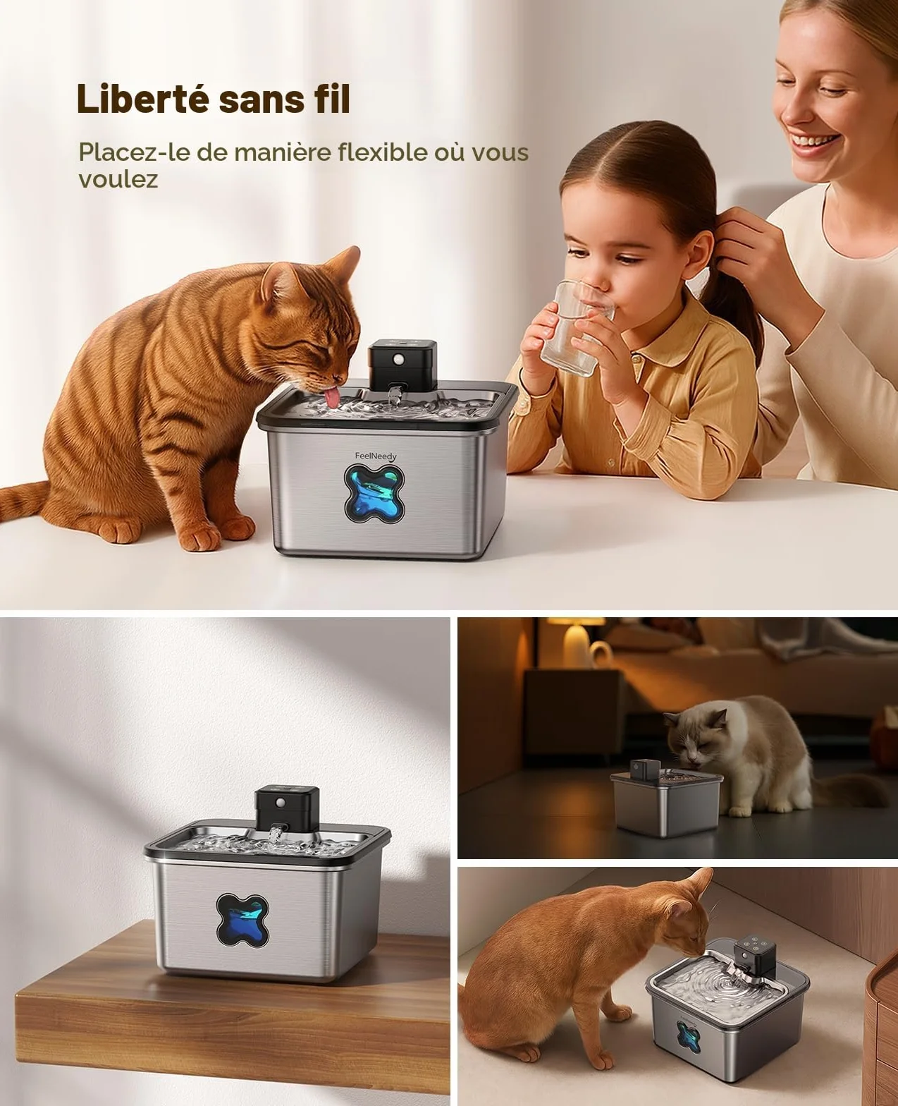 FEELNEEDY Fontaine à Eau pour Chat sans Fil 3.2L INOX avec Détecteur de Mouvement, Batterie 4000mAh