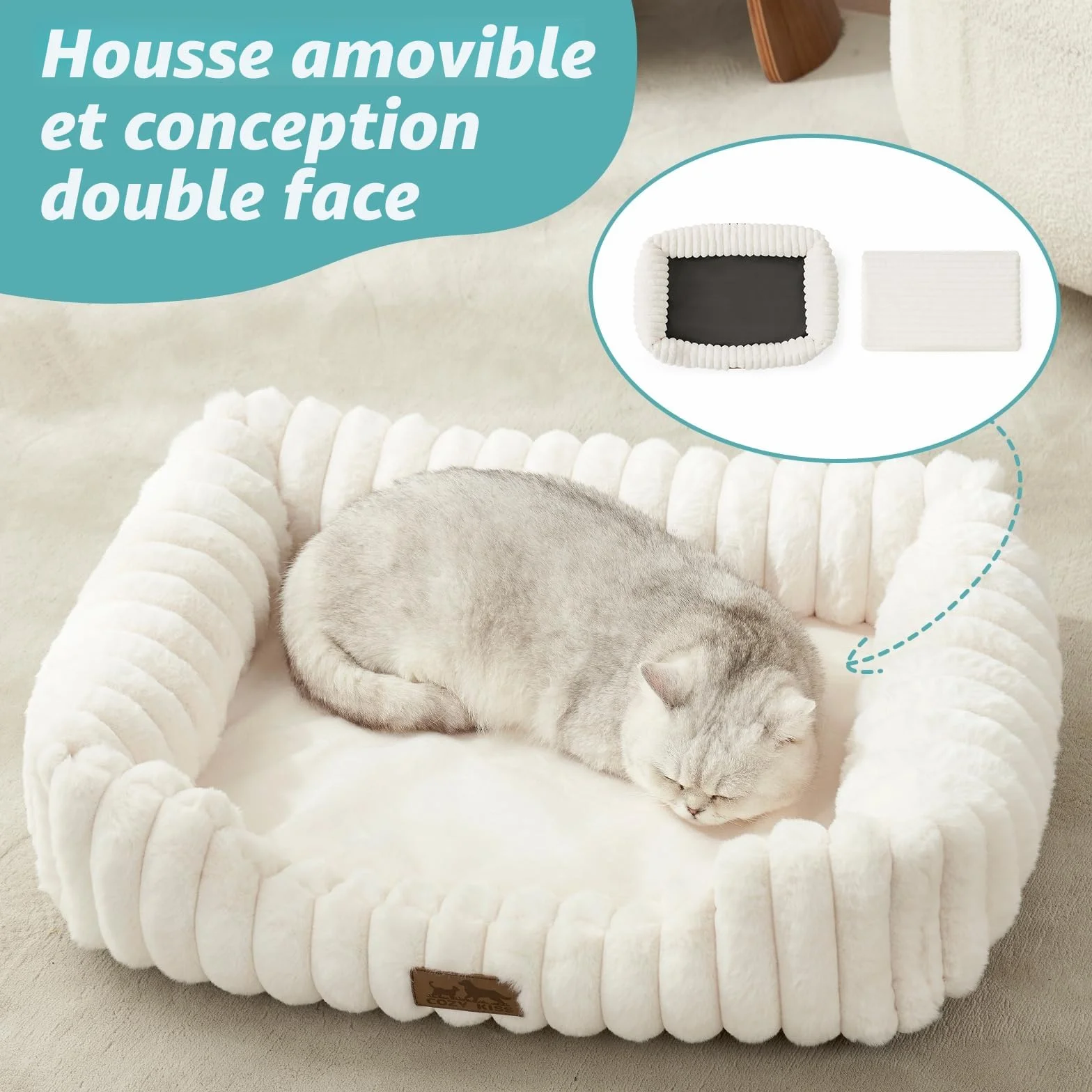 COZY KISS Panier Orthopédique pour Chat Lavable en Fausse Fourrure 64x53x15cm Beige