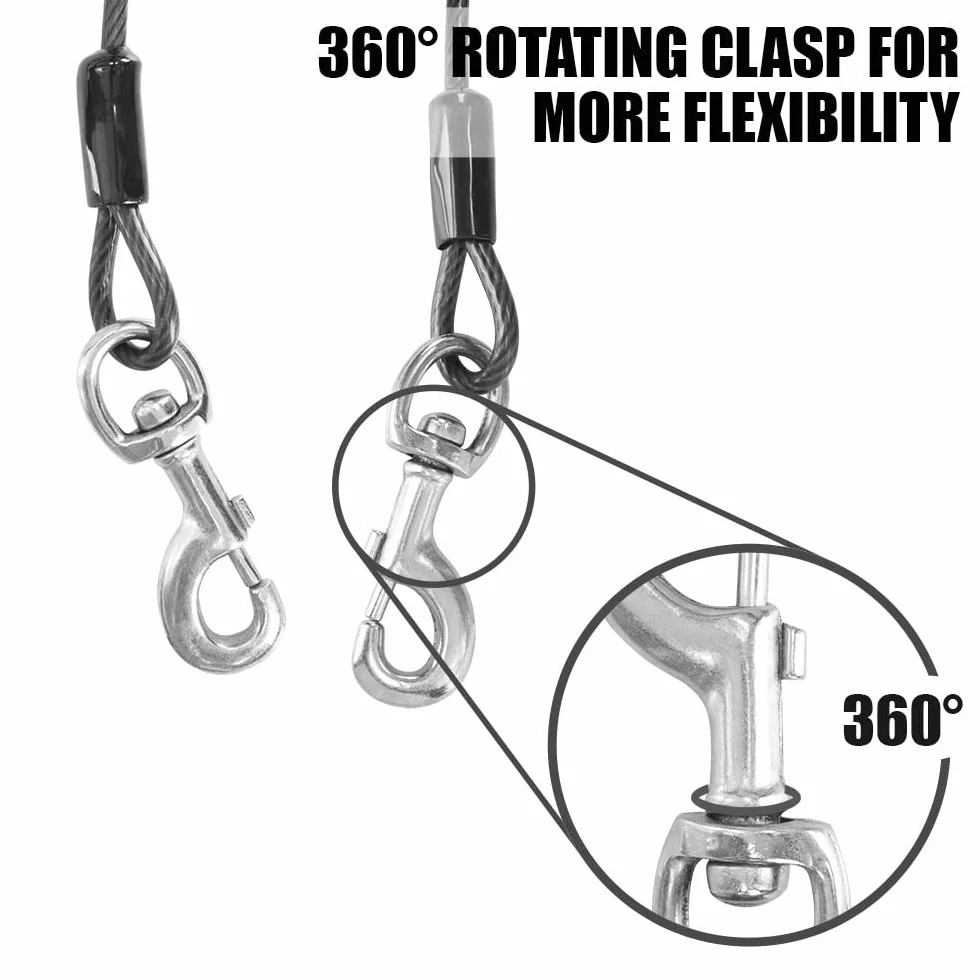 Câble d'attache pour Chien 7,6 m 113,4 kg Réfléchissant Antirouille Clips Pivotants Dégagement Rapide Gris