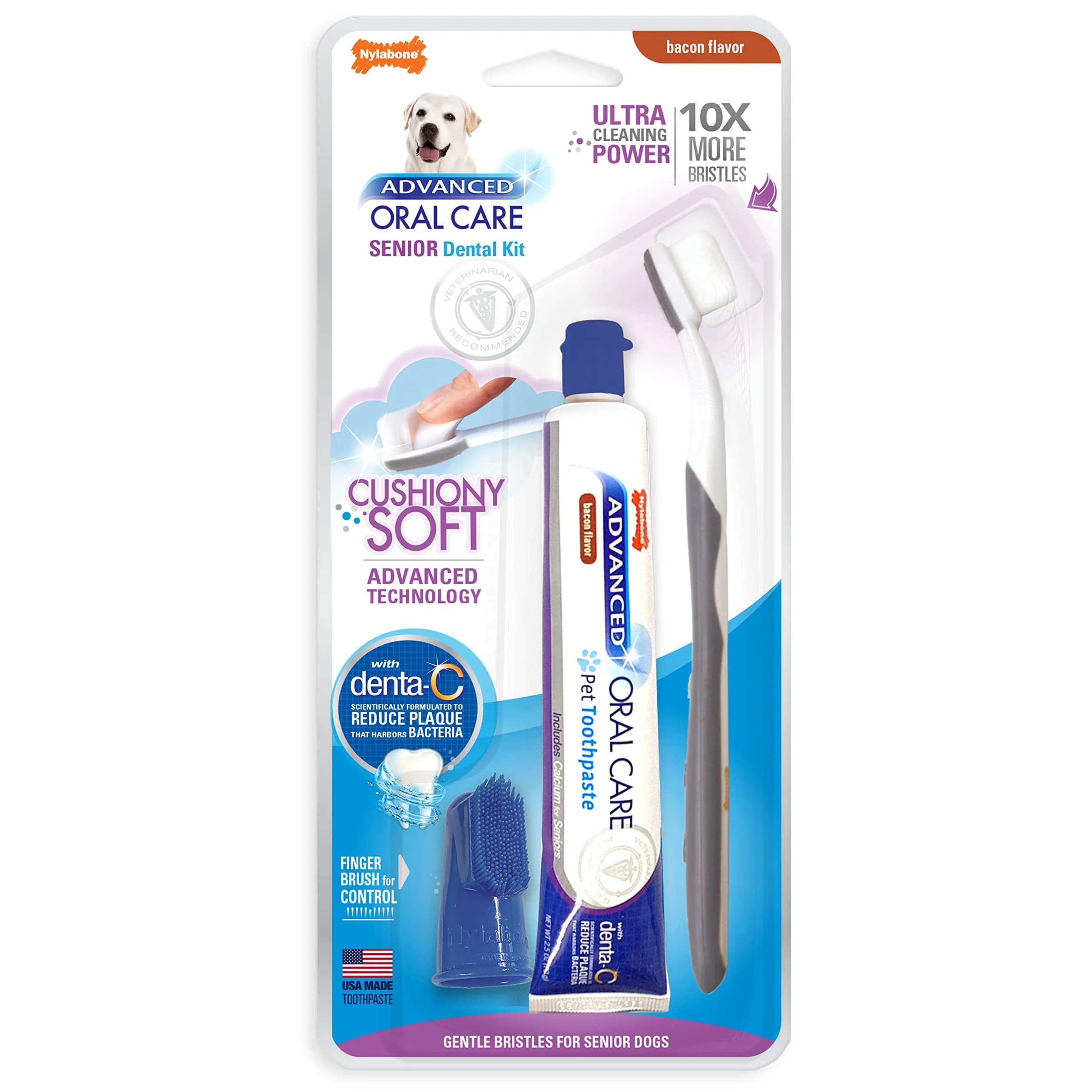 Nylabone Advanced Oral Care Kit Dentaire pour Chien Senior avec Brosse à Dents à Poils Doux et rembourrés 3 pièces