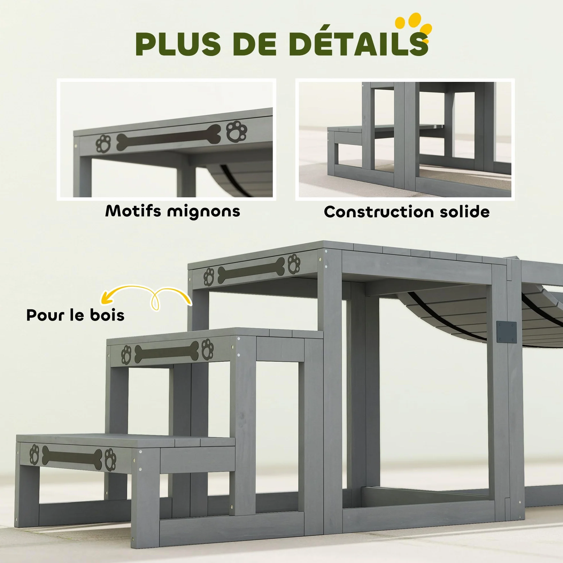 PawHut Kit d'agilité pour Chien 3 Pièces Pont Souple Plateforme de Pause Escalier Bois Massif Gris