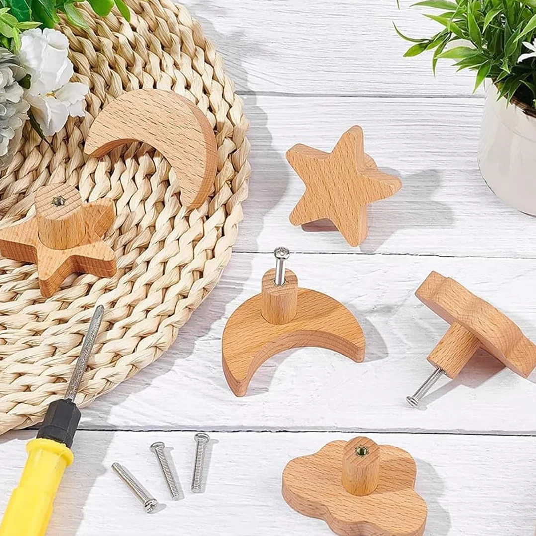 Lot de 6 boutons d'armoire en bois massif étoiles lune nuages pour enfants