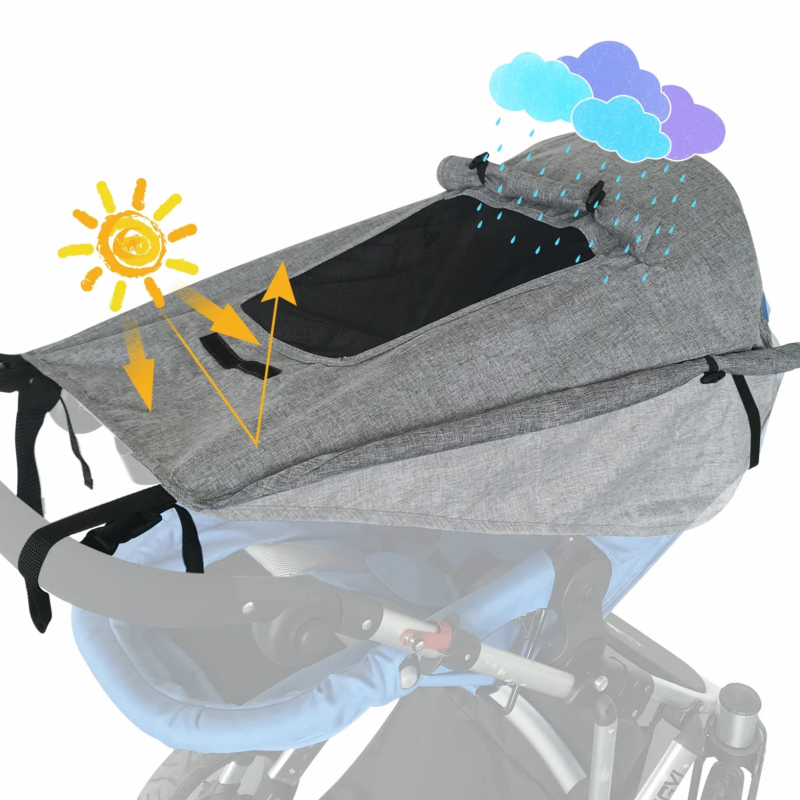 Pare-Soleil Poussette Auvent Nacelle Landau UV 50+ Protection Réglable Gris Universel