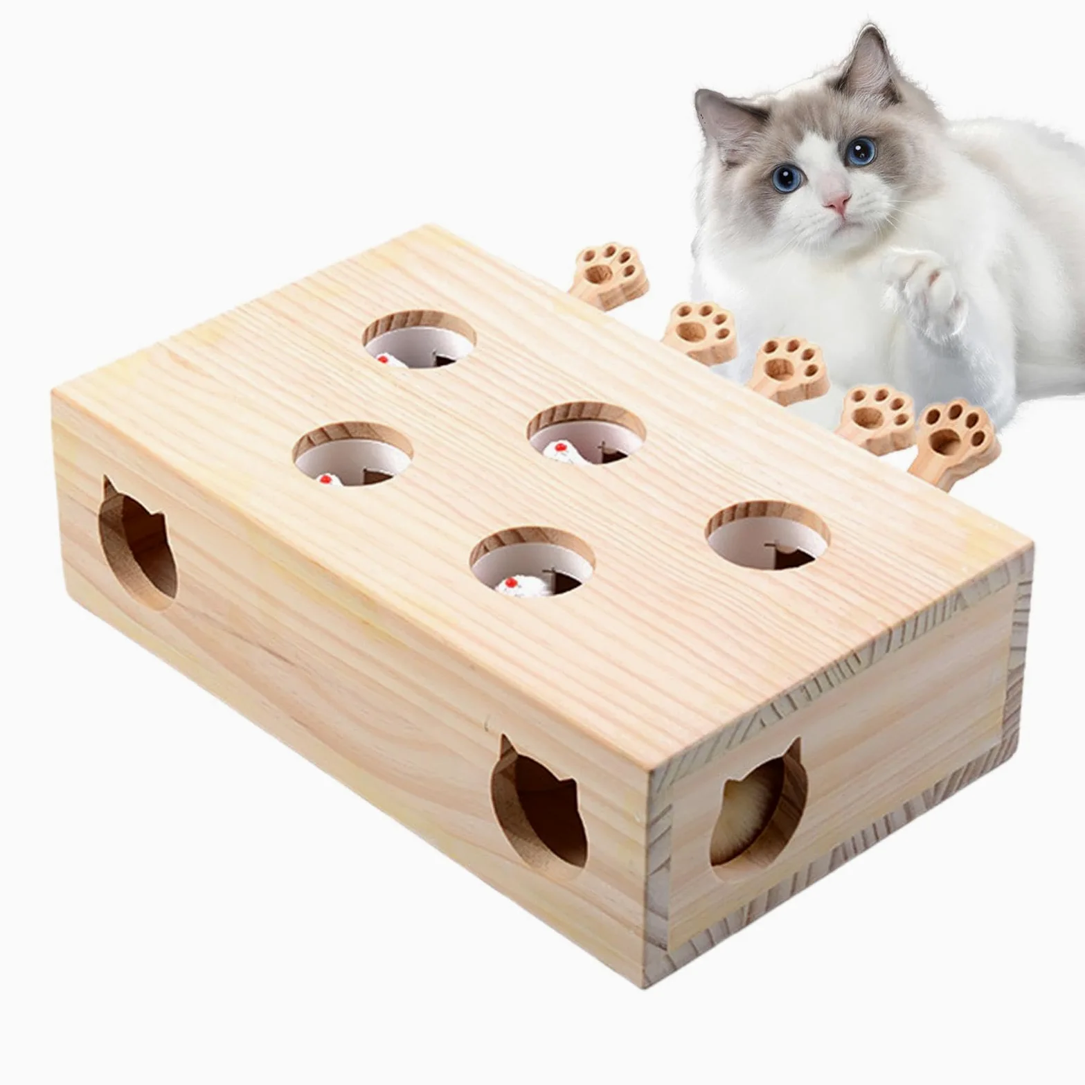 interactifs pour chats d'intérieur | Boîte interactive en bois massif pour chaton Whack Taupe | Jouet d'entraînement pour chat, boîte de capture de souris, jouet interactif pour exercices | Jouet Taupe Interactif En Bois Stimulant, en bois, solo, anti-enn