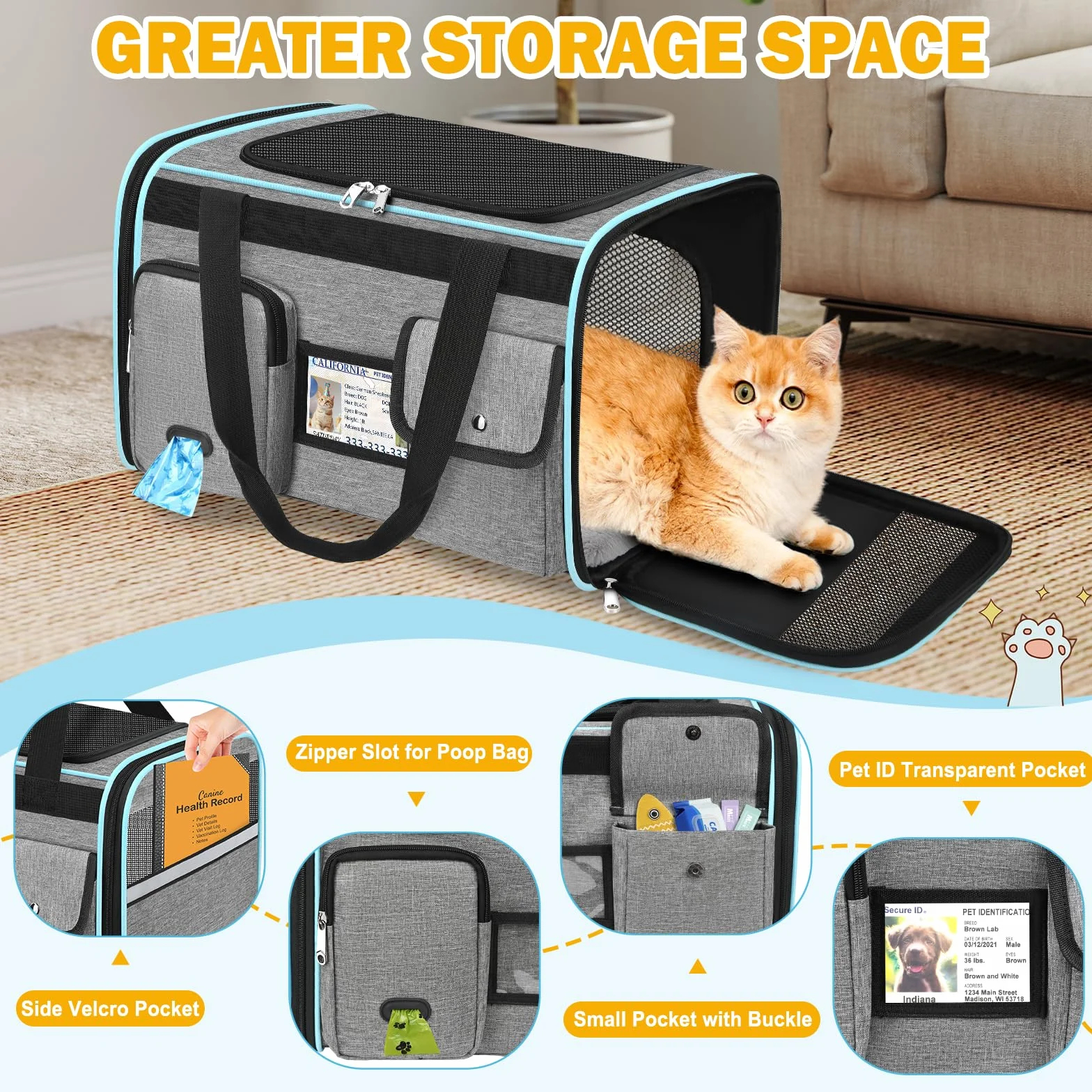 TEUEN Sac Transport Chat Chien Approuvé Aviation Pliable 9kg Tissu Oxford 600D Matelas Amovible Lavable Laisse Sécurité Voyage