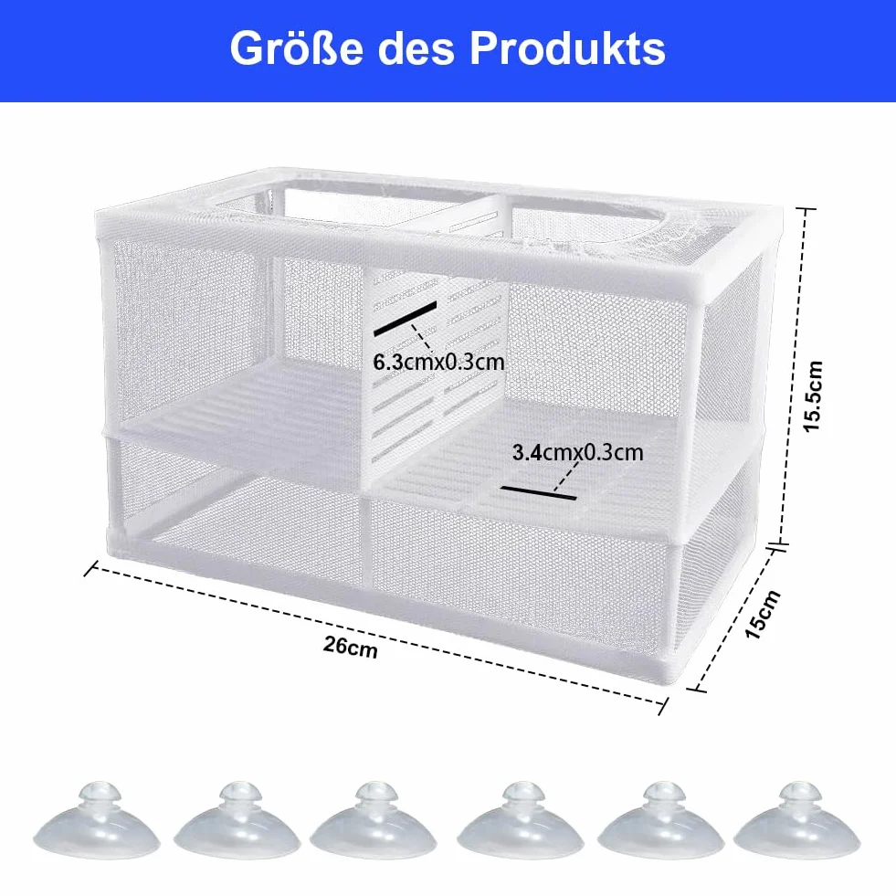 Bassin d'élevage 260 x 155 x 150 mm avec filet d'isolation et ventouses pour aquarium