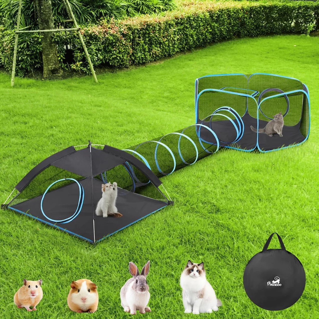 Pawaboo Parc pour Chats 3 en 1 Enclos Portable Pliable Bleu Clair Noir