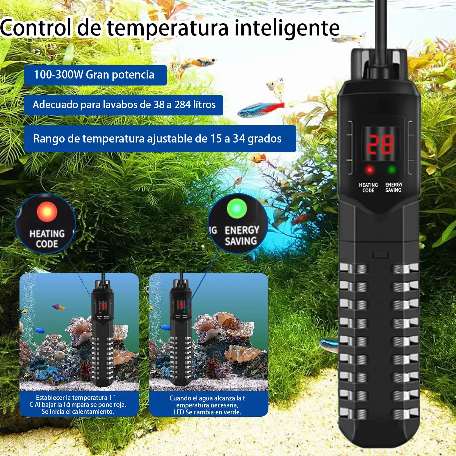 HUIZHOU Chauffage pour Aquarium (15-34 °C), thermoplongeur réglable pour Aquarium 100-300 W, Chauffage à Thermostat Haute Performance pour Aquariums et bassins à Poissons (100W)
