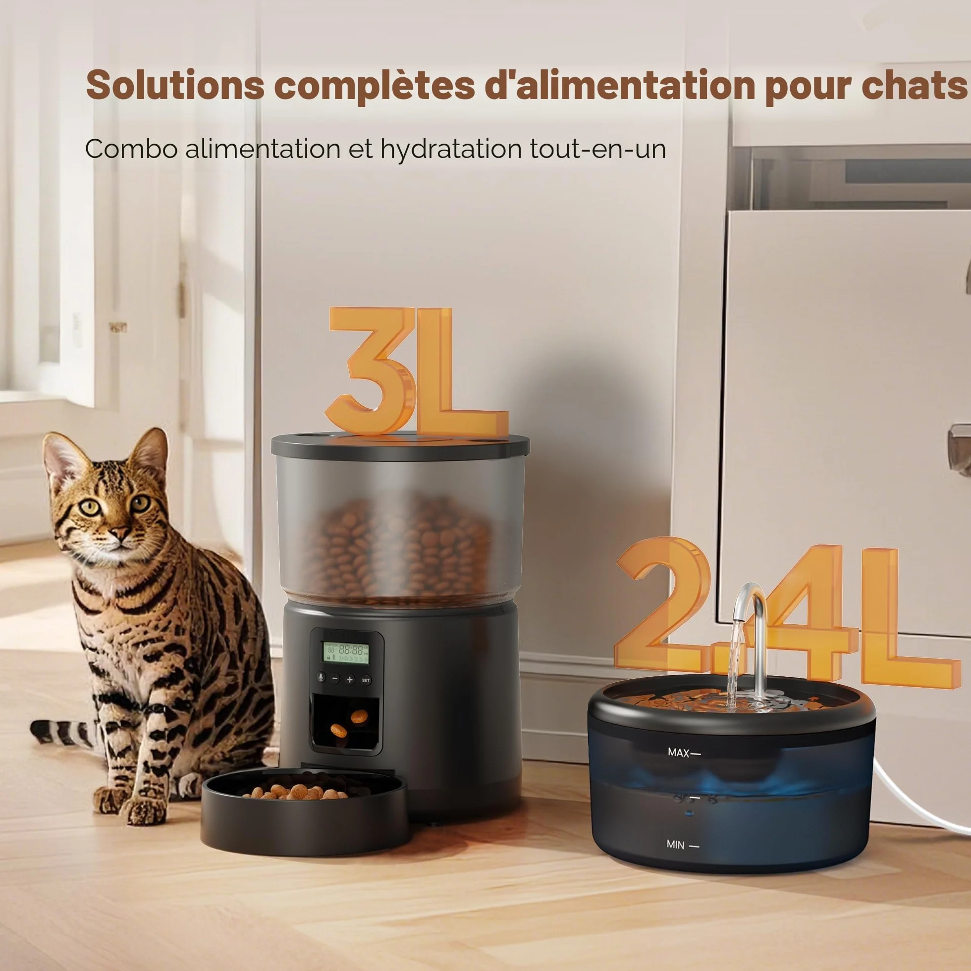Distributeur Croquettes Chat Automatique Fontaine 2,4L 3L Mangeoire Minuterie Programmable 6 Repas 10S Voix Noir