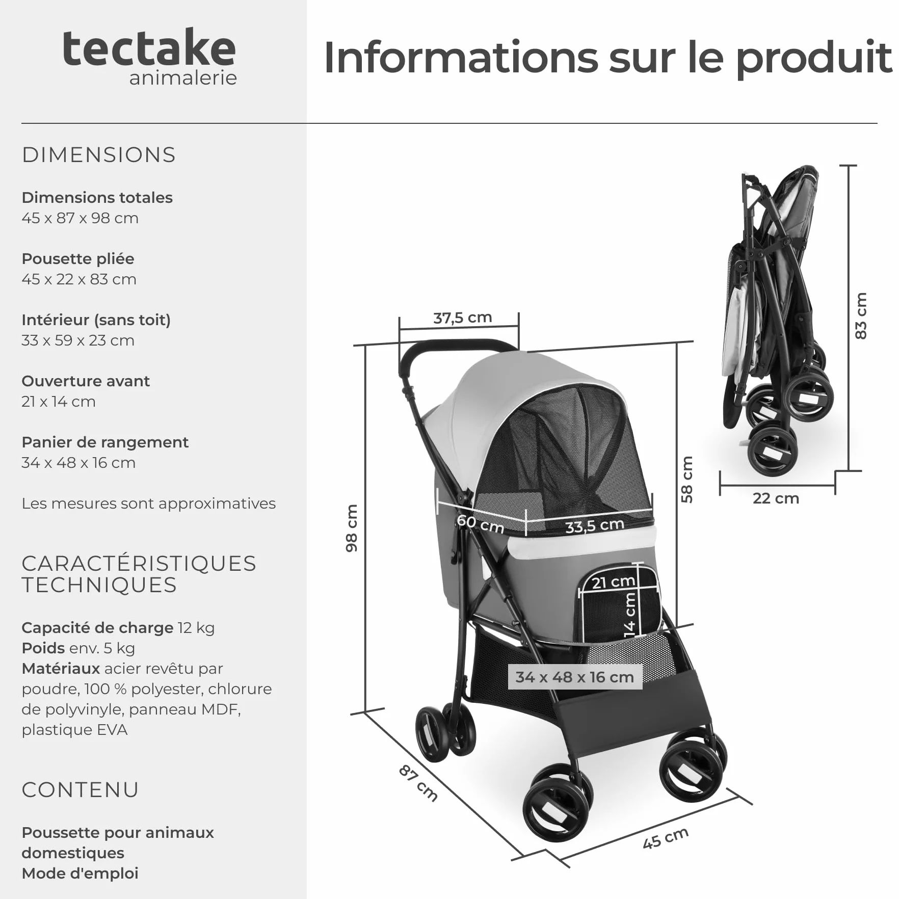 tectake® Poussette canne pour chien & chat avec Coussin amovible Poussette pliable avec tissu imperméable jusqu'à 12 kg Chariot pour chien Poussette chat Chariot pliant pour transport chats