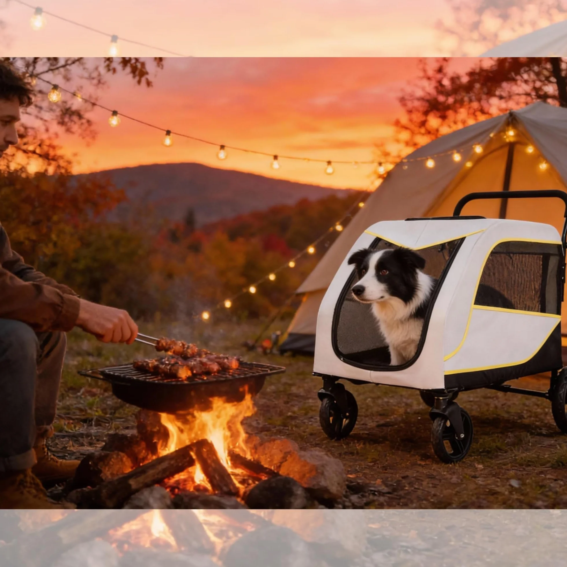 Poussette pour Chien Chat, Charge 60 kg, Chariot de Transport Pliable 4 Roues avec Double Frein, Laisse de Sécurité, Portes Avant et Arrière pour Accès Facile, Coussin et Poches, Résistant