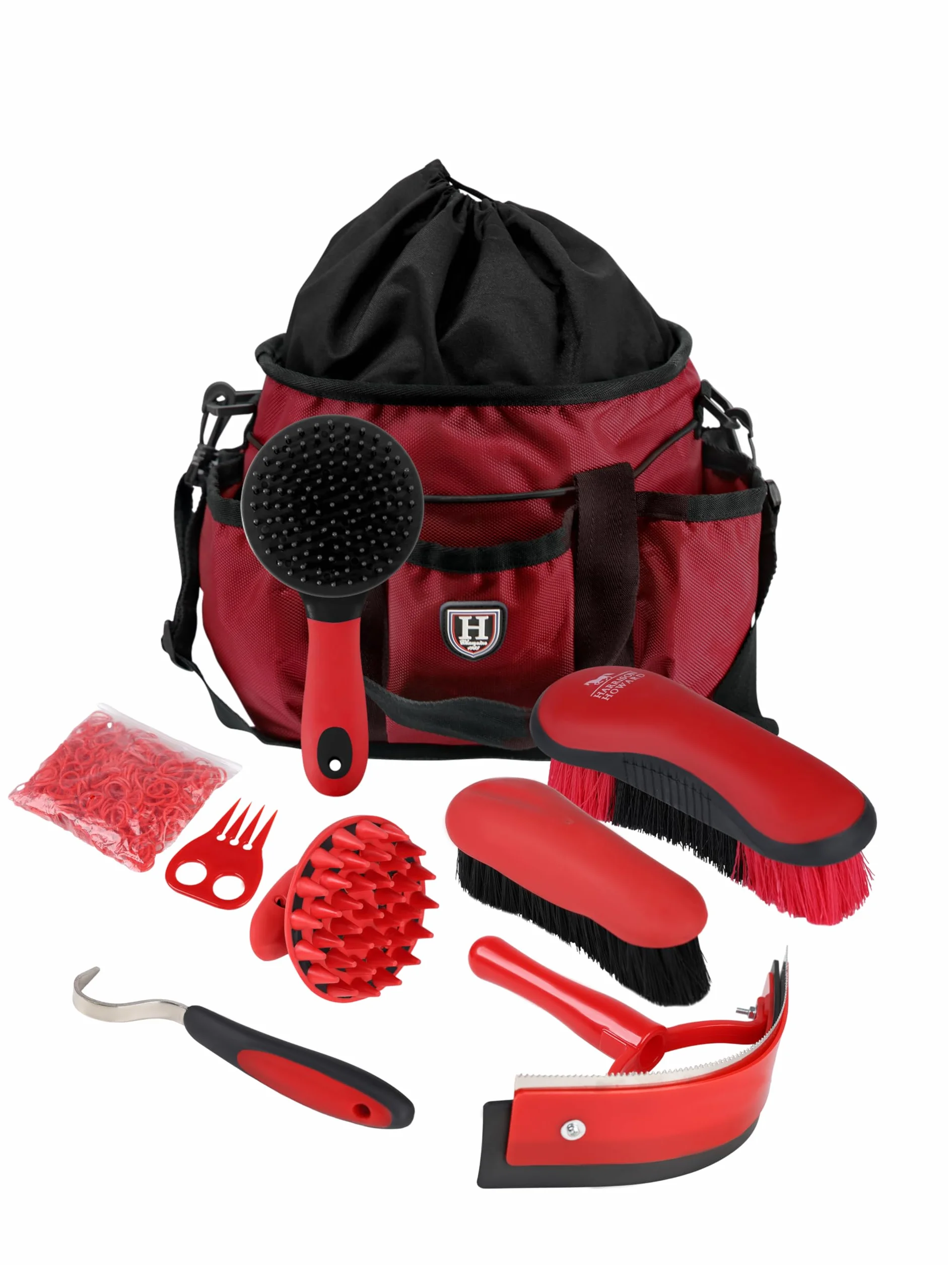Harrison Howard Kit de 7 brosses de toilettage pour cheval avec sac de rangement Equine Care Rouge