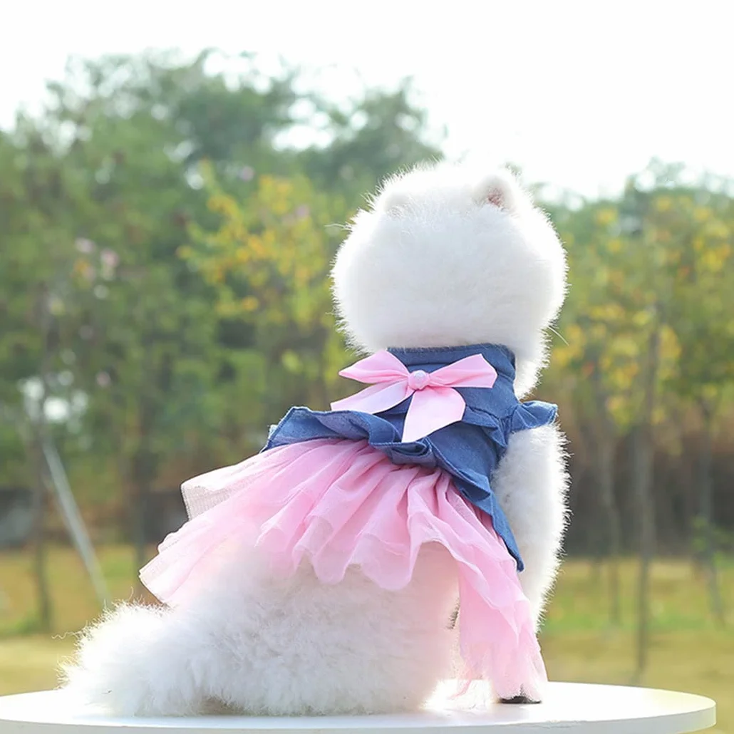 XIAOYU Chien Robe d'été Bowknot Princesse Jupe Denin Gilet Chemises Douce Vêtements pour Animaux de Compagnie Rose XL